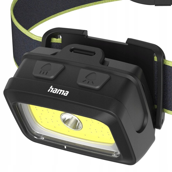 Czarna czołówka z logo 'hama', żółtym światłem i dwoma przyciskami. Posiada czarno-zielony pasek.