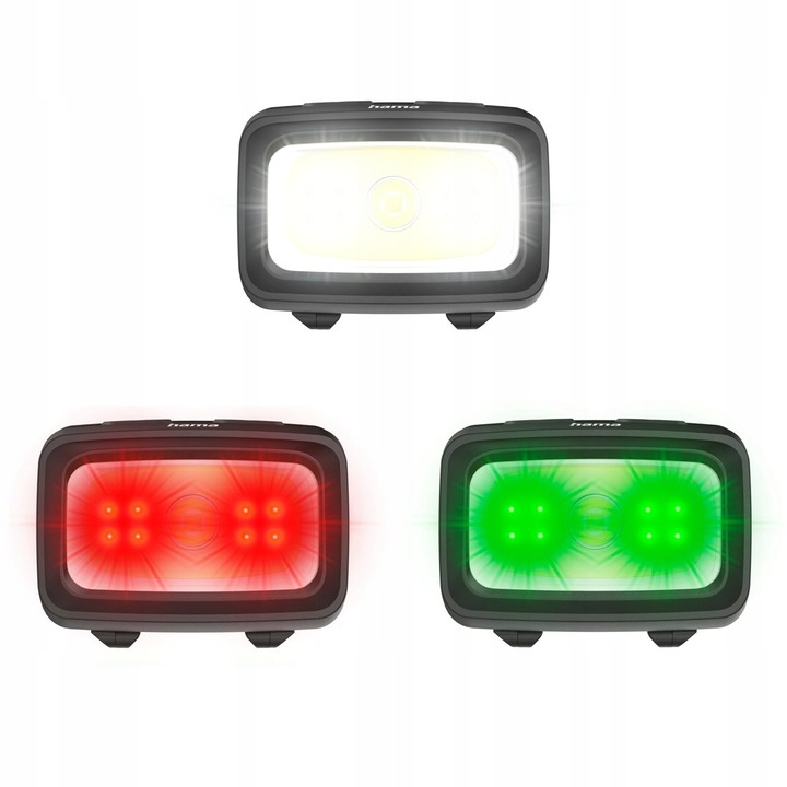 Trzy światła Hama: białe, czerwone i zielone. Prostokątny kształt z czarnymi ramkami. Każde ma wiele świateł. Białe światło jest najjaśniejsze.