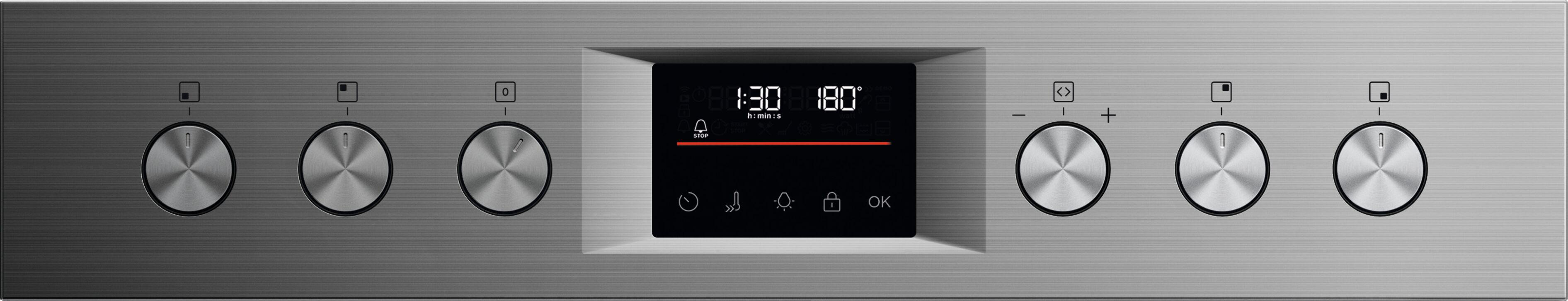 Edelstahl-Backofen-Bedienfeld mit Knöpfen, Digitalanzeige für Zeit und Temperatur sowie verschiedenen Steuersymbolen.