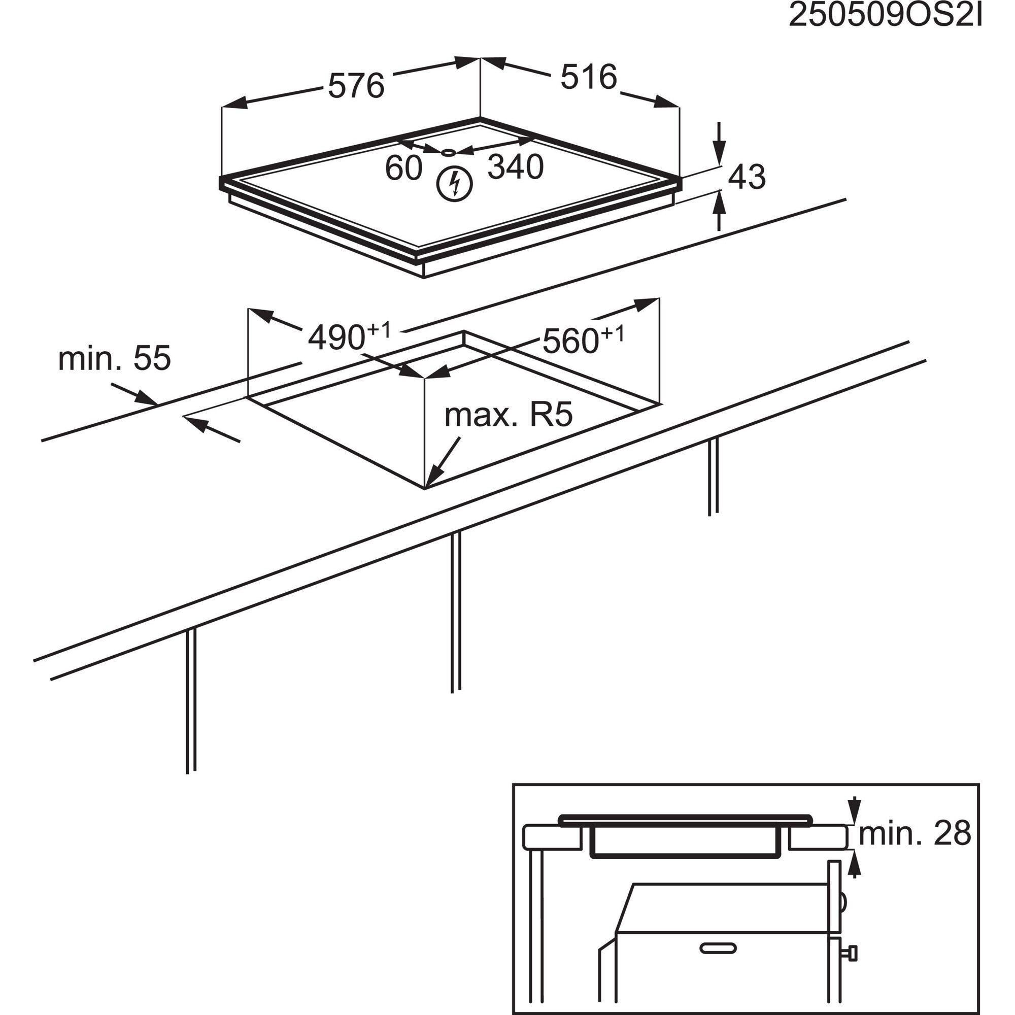Diagramm eines Kochfelds mit Maßangaben in Millimetern. Zeigt die Draufsicht und Seitenansicht mit Maßbeschriftungen.