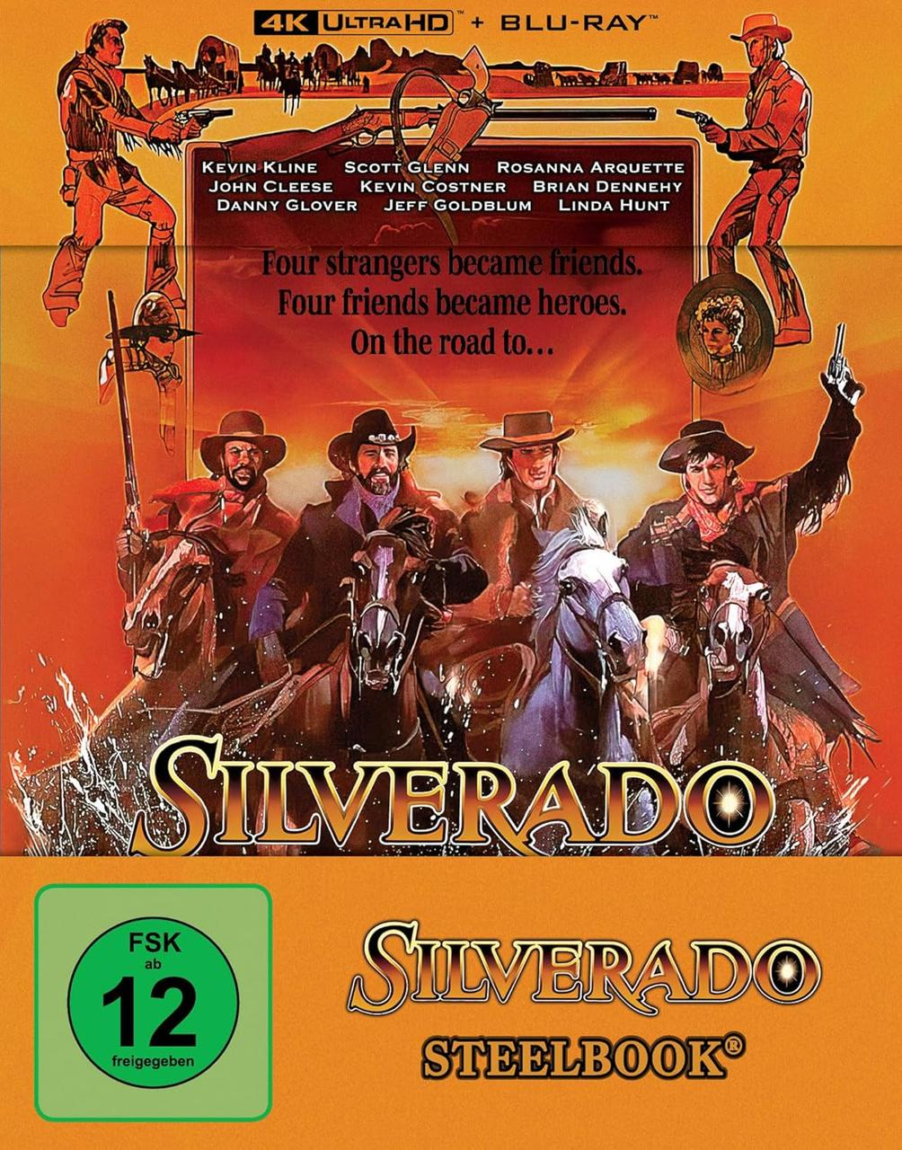 Filmposter für Silverado. Cowboys auf Pferden, Waffen gezogen. Namen der Schauspieler aufgelistet. Blu-ray- und 4K Ultra HD-Etiketten.