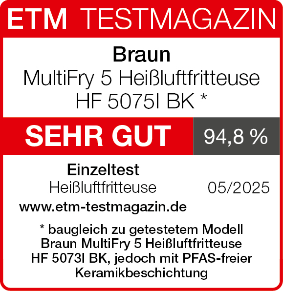 ETM Testmagazin Bewertung. Braun MultiFry 5 Heißluftfritteuse, bewertet mit 'Sehr Gut', 94,8%. Enthält Modelldetails und Website.