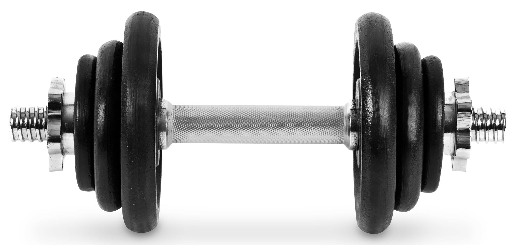 Hantle z czarnymi obciążnikami po obu stronach, srebrnym uchwytem i śrubowymi blokadami, na białym tle.