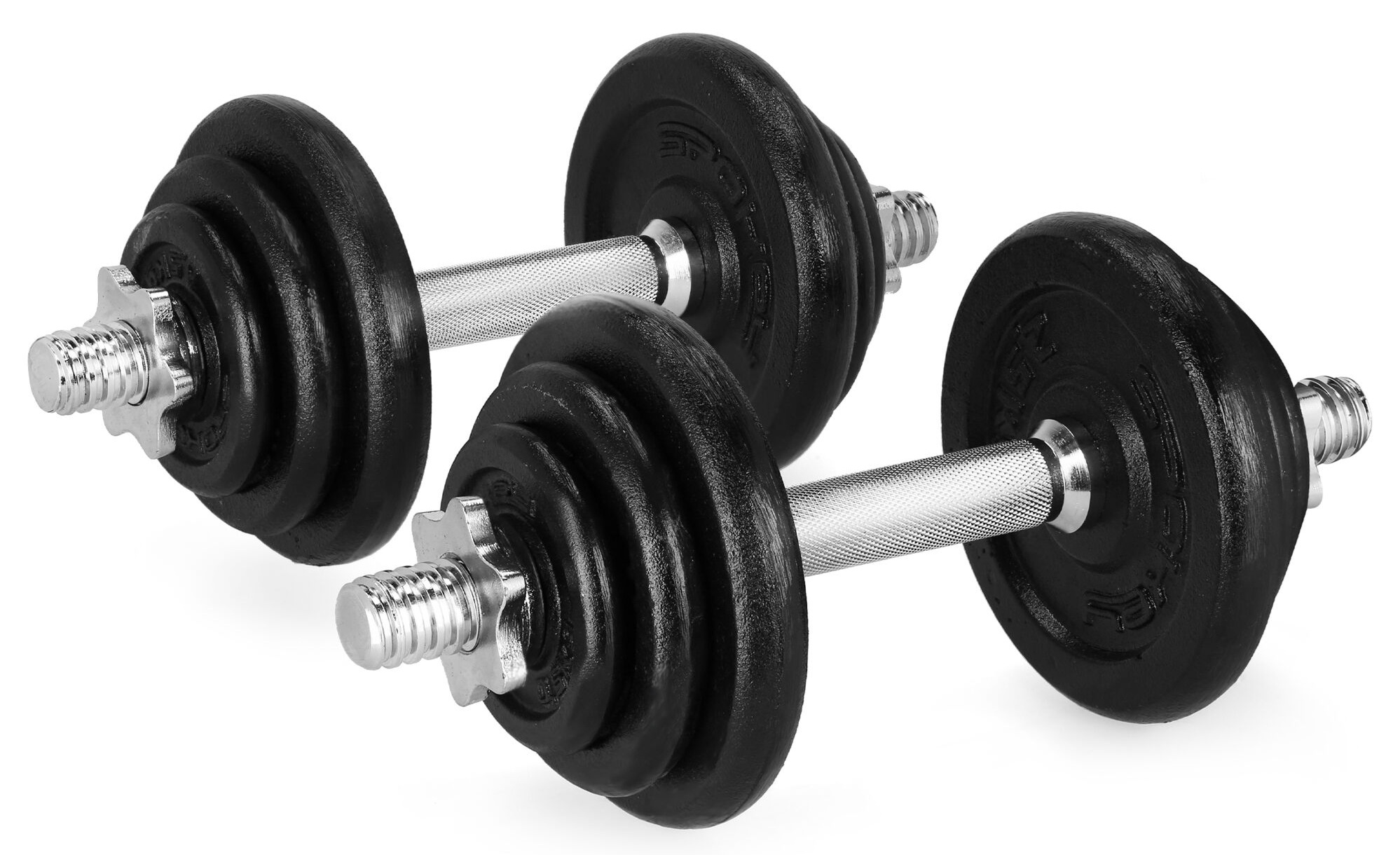 Trzy czarne hantle ze srebrnymi uchwytami i gwiazdkowymi mocowaniami na białym tle.