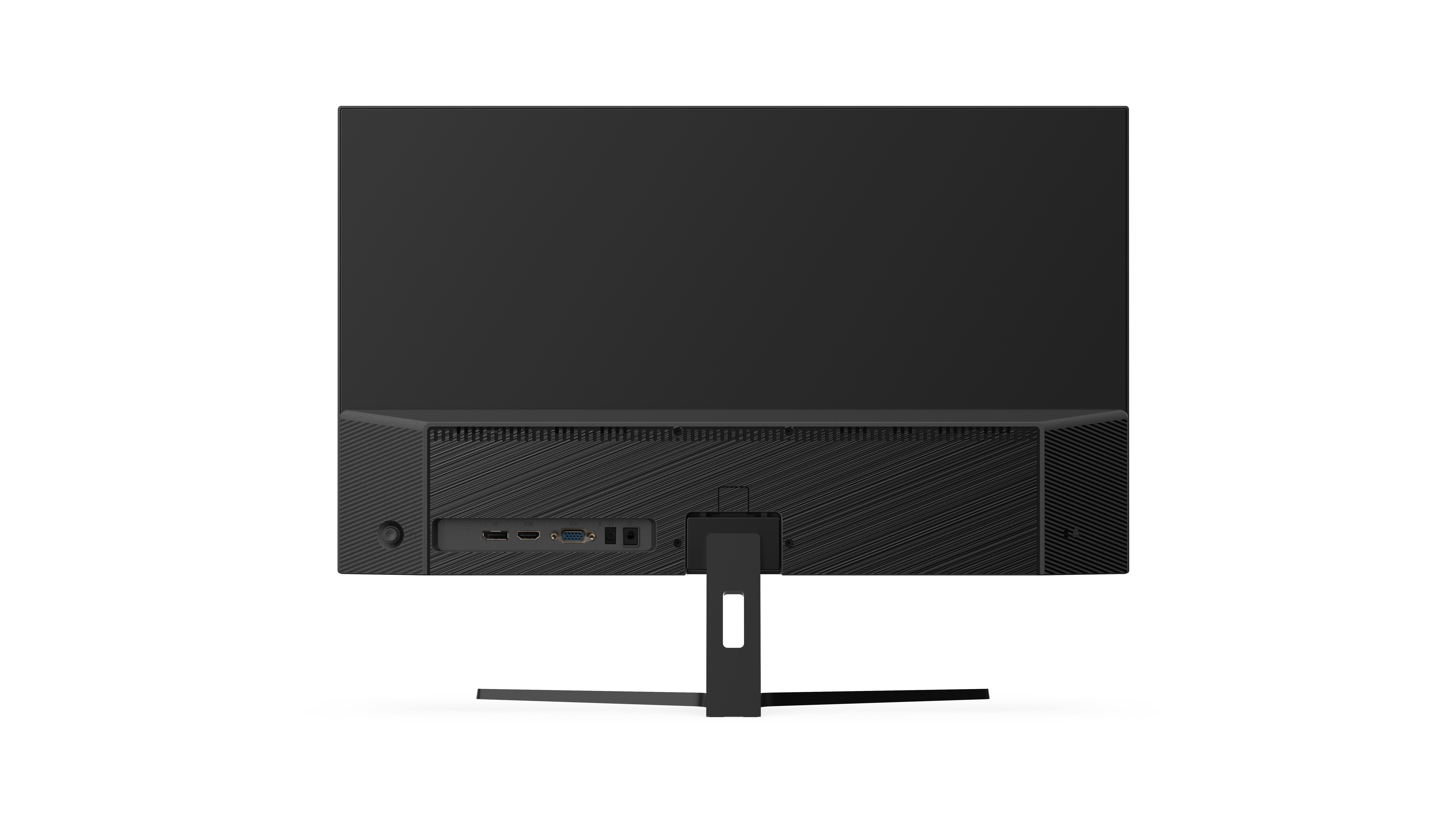 Se muestra la parte posterior de un monitor de computadora negro. Los puertos son visibles en la parte inferior. El monitor tiene un soporte.