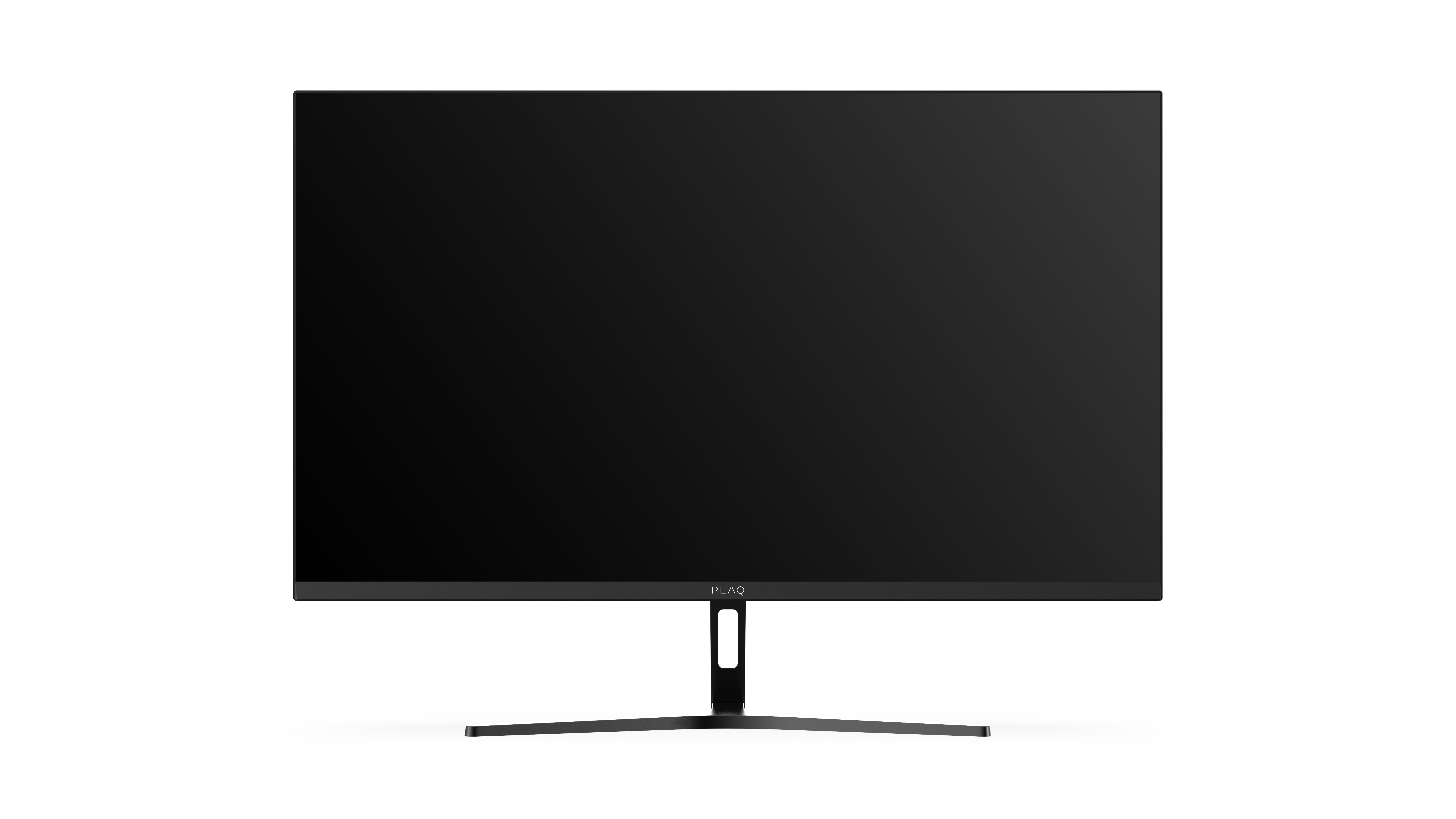 Ein schwarzer Computermonitor auf weißem Hintergrund. Der Bildschirm ist schwarz, mit dem Markennamen PEAQ unten.