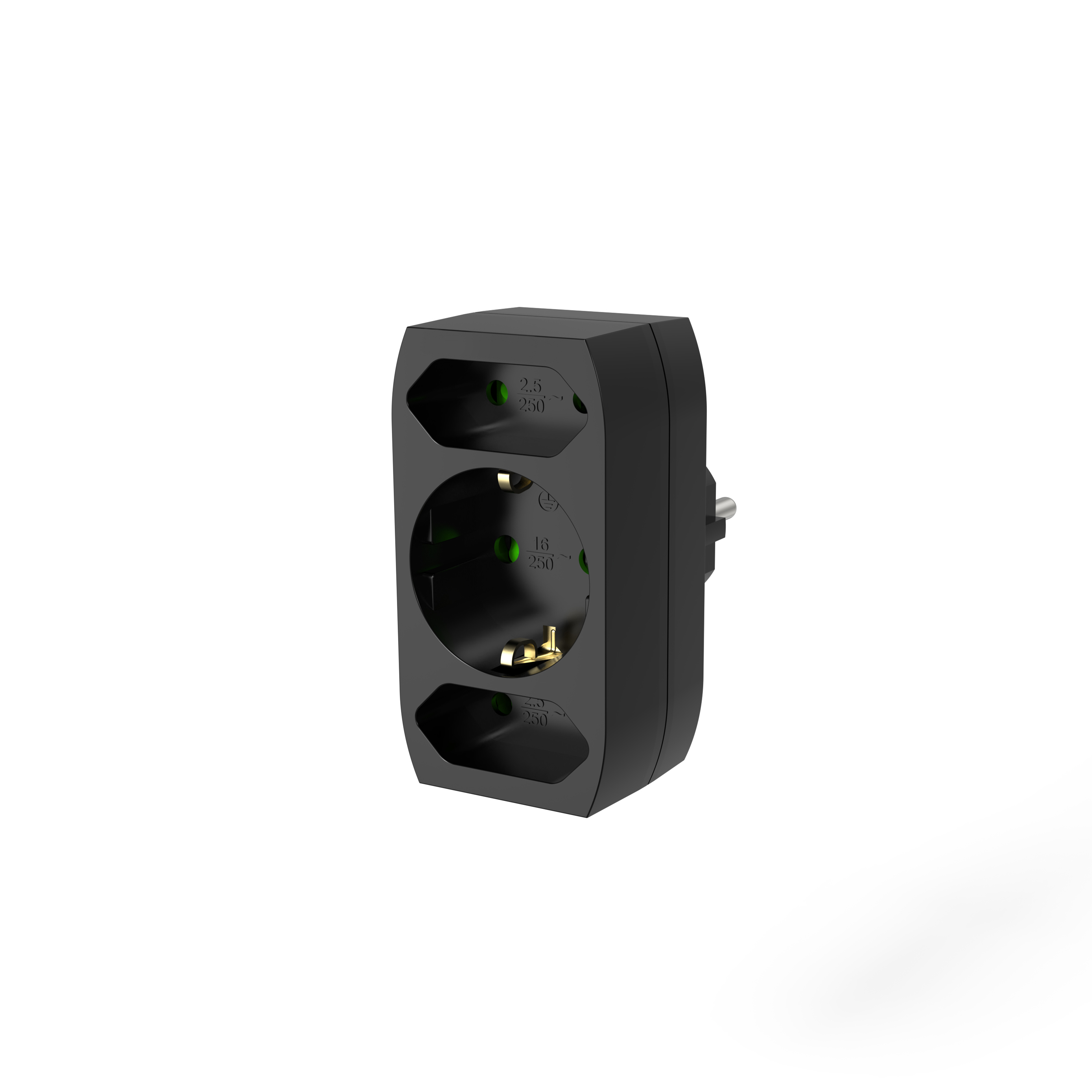 Ein schwarzer Netzadapter mit drei Steckdosen. Er hat zwei kleinere und eine größere Steckdose.