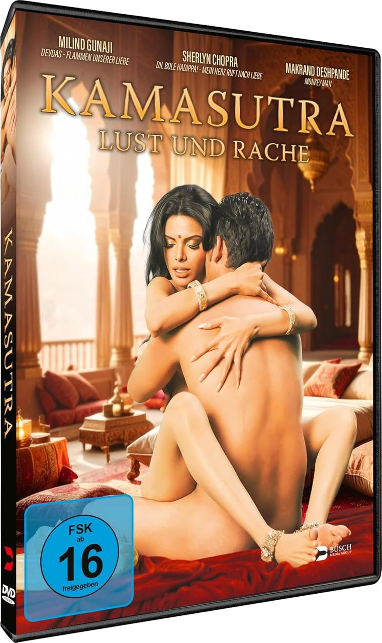 DVD-Cover von Kamasutra. Ein Paar umarmt sich. Der Text enthält den Titel, die Namen der Schauspieler und die Bewertung. Der Hintergrund zeigt ein verziertes Interieur.
