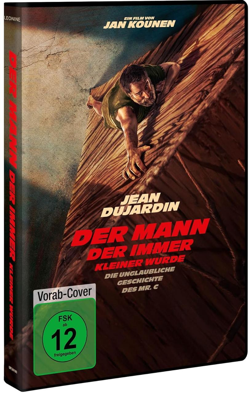DVD-Cover zeigt Jean Dujardin, der eine Holzoberfläche erklimmt. Text enthält den Filmtitel 'Der Mann der Immer Kleiner Wurde'.