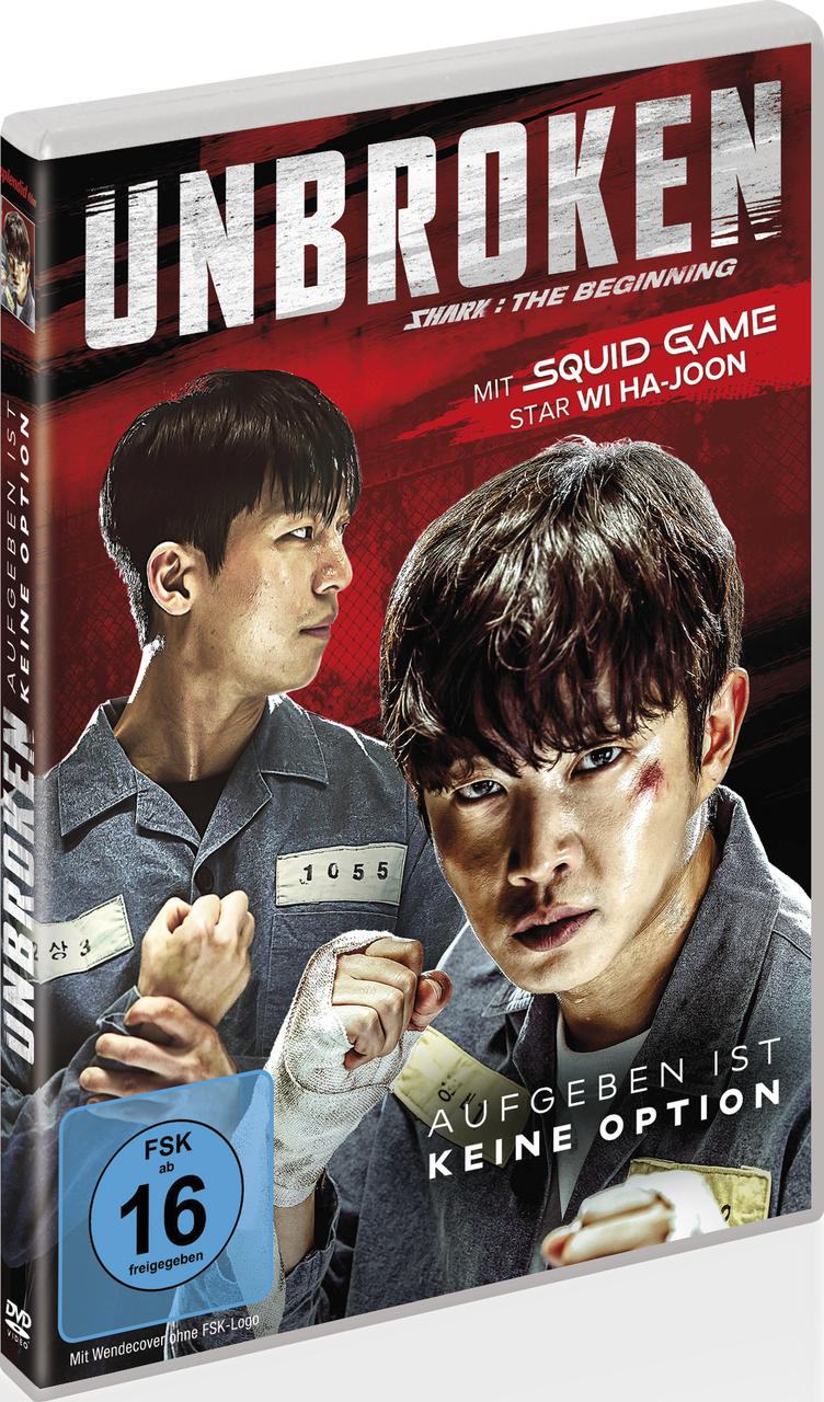 DVD-Cover von 'Unbroken'. Zwei Männer in Gefängnisuniformen. Text enthält 'Squid Game'-Star. Roter Hintergrund. FSK 16-Rating.
