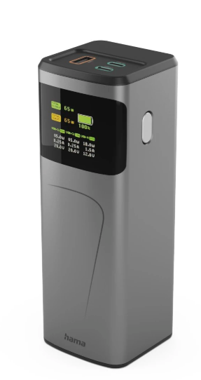 Szary power bank Hama z portami USB na górze i wyświetlaczem pokazującym stan ładowania. Urządzenie jest na białym tle.