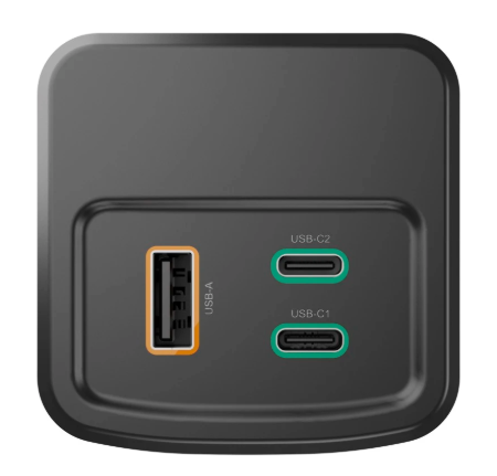 Czarny zasilacz z portami USB-A i USB-C. USB-A jest pomarańczowe, porty USB-C są zielone. Adapter ma zaokrąglony kształt.