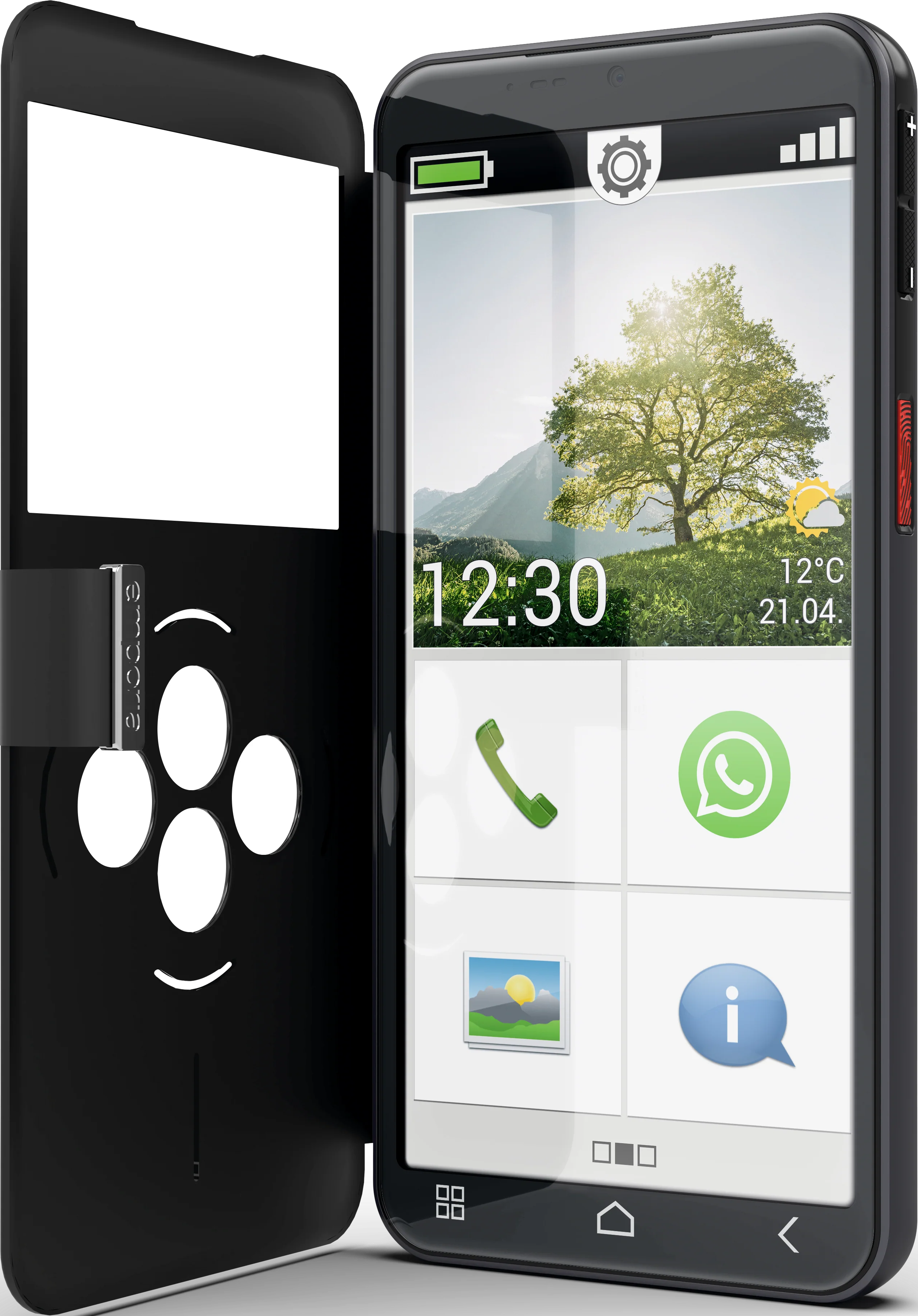 Offenes schwarzes Smartphone mit weißem Bildschirm, der Zeit, Wetter und App-Symbolen anzeigt. Das Telefon befindet sich in einem schwarzen Gehäuse.