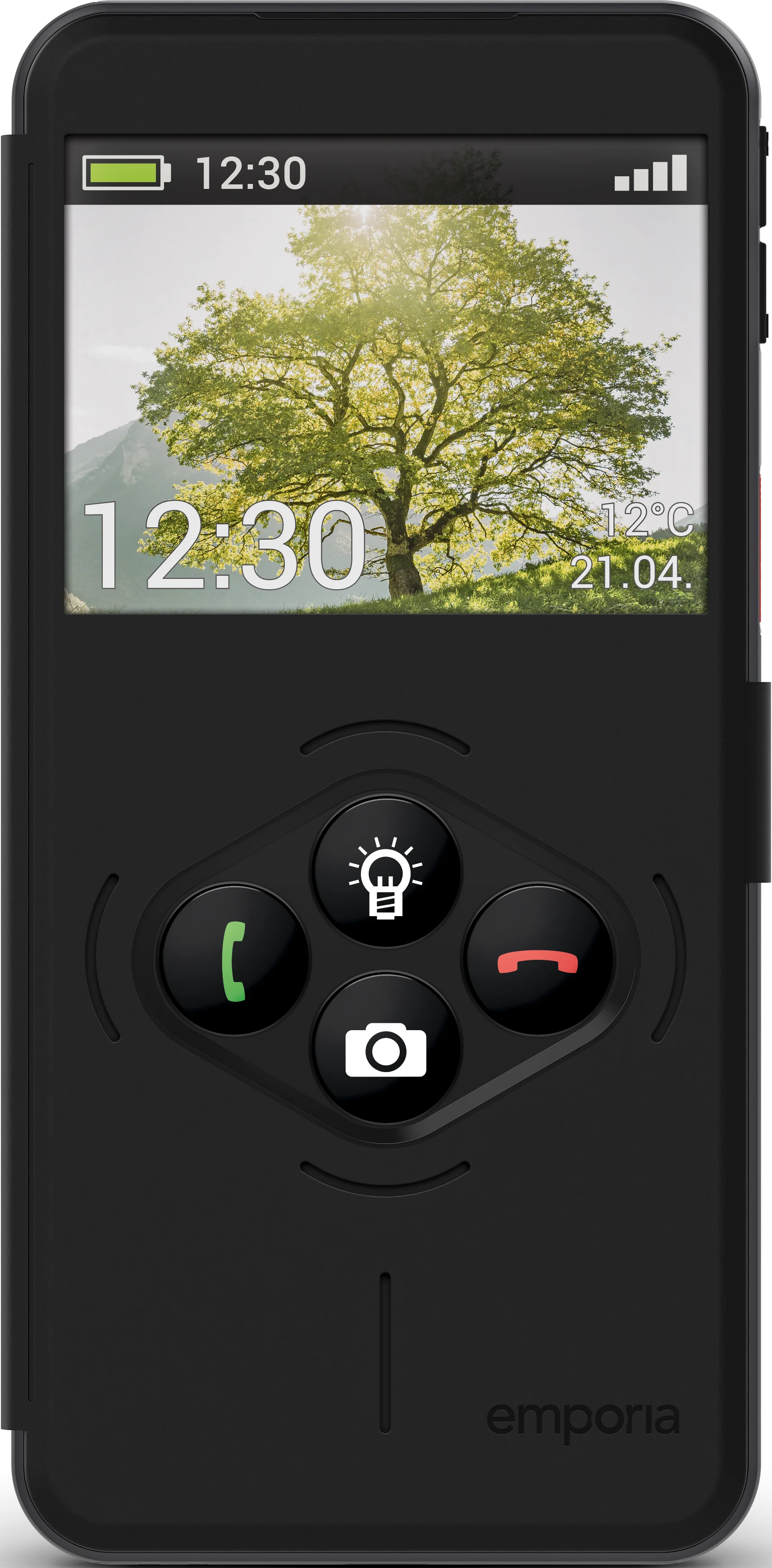 Ein schwarzes Emporia-Telefon zeigt eine sonnige Baumszene. Tasten für Anruf, Licht, Kamera und Anrufende befinden sich auf dem Telefon.