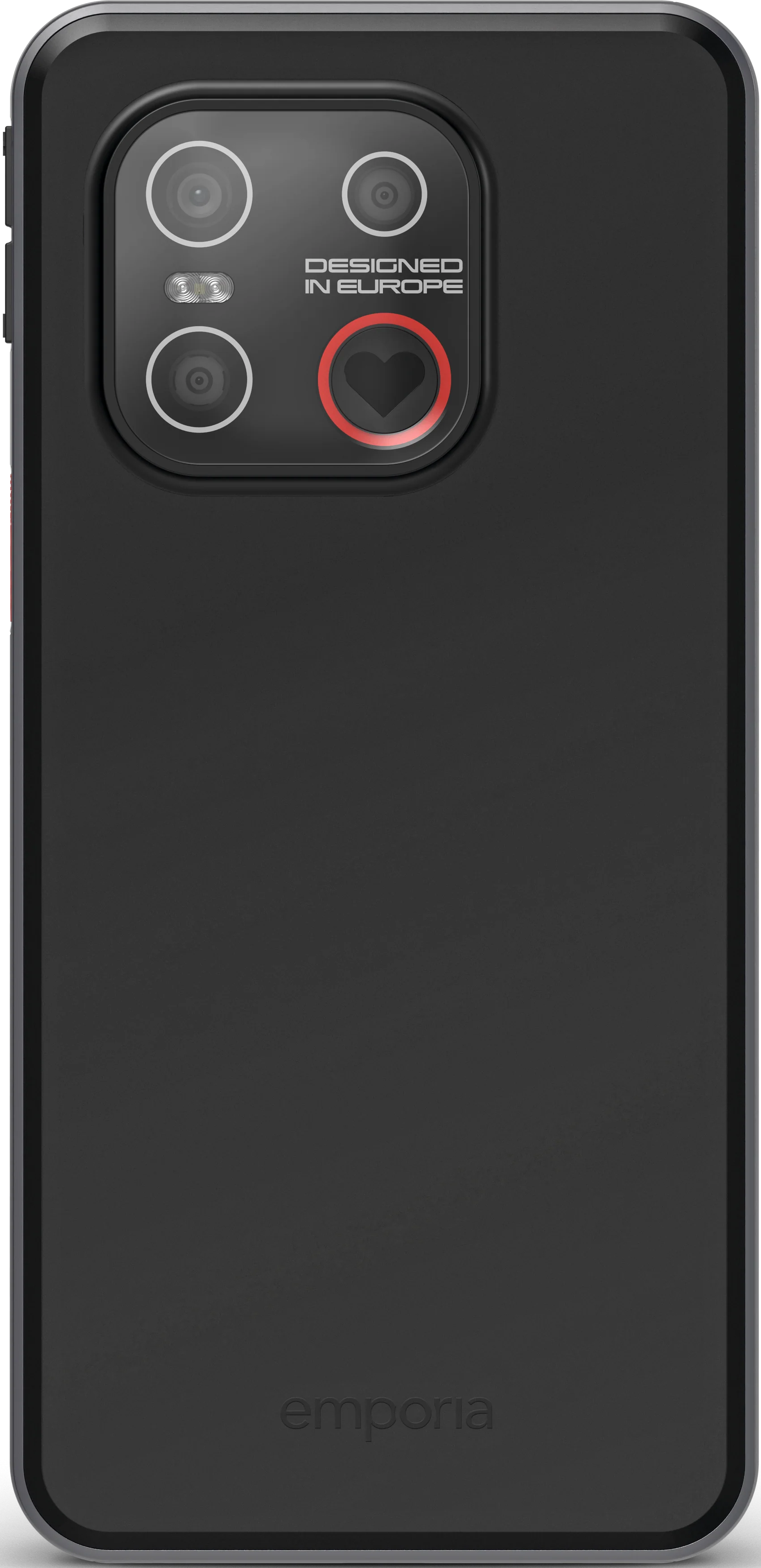 Schwarzes Telefon mit Kameralinsen. Das Kameramodul hat eine Herzform. Text: Designed in Europe. Emporia-Logo unten.