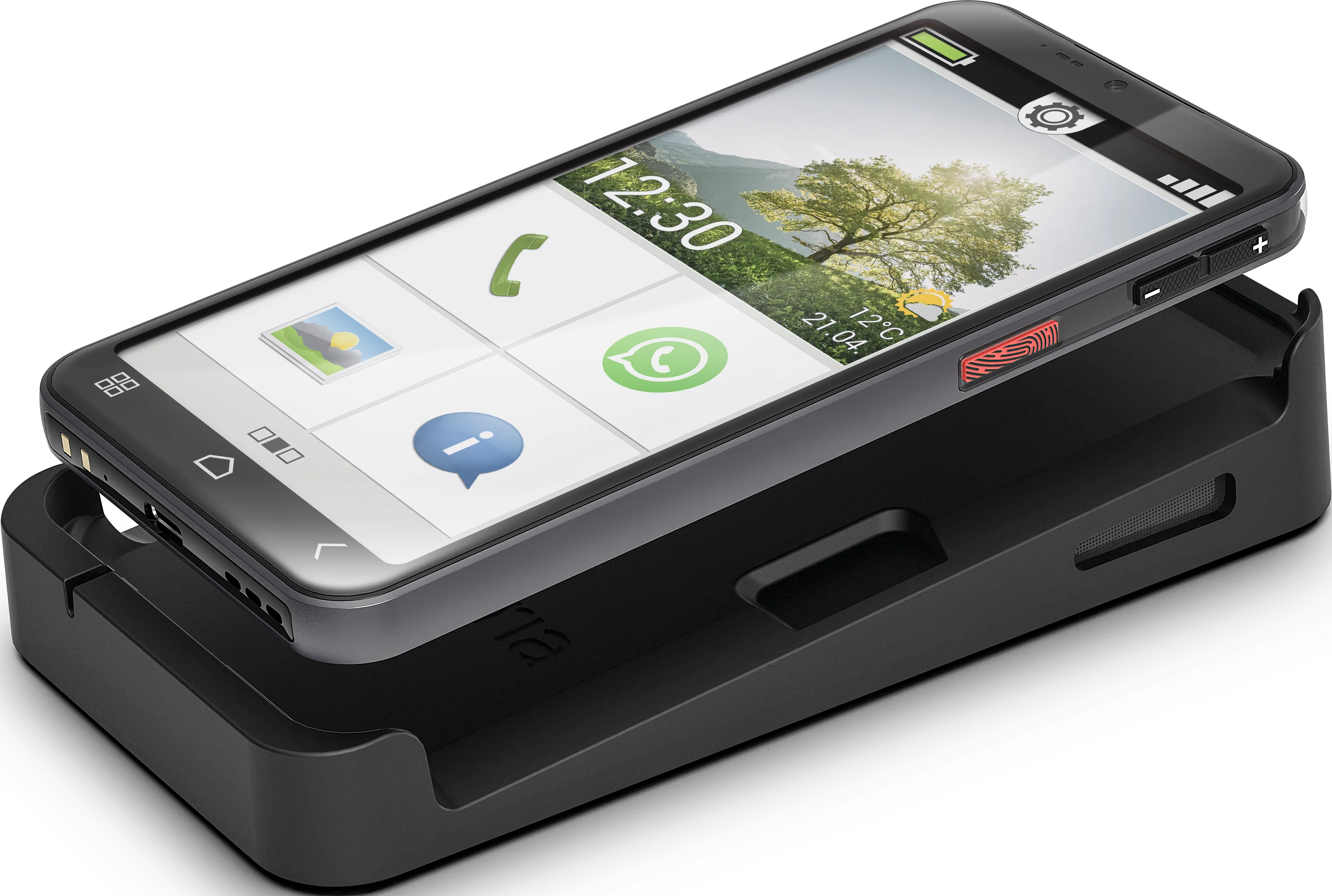 Smartphone in einer Ladestation. Der Telefonbildschirm zeigt Uhrzeit, Wetter und App-Symbole. Schwarzes Telefon und Halterung.
