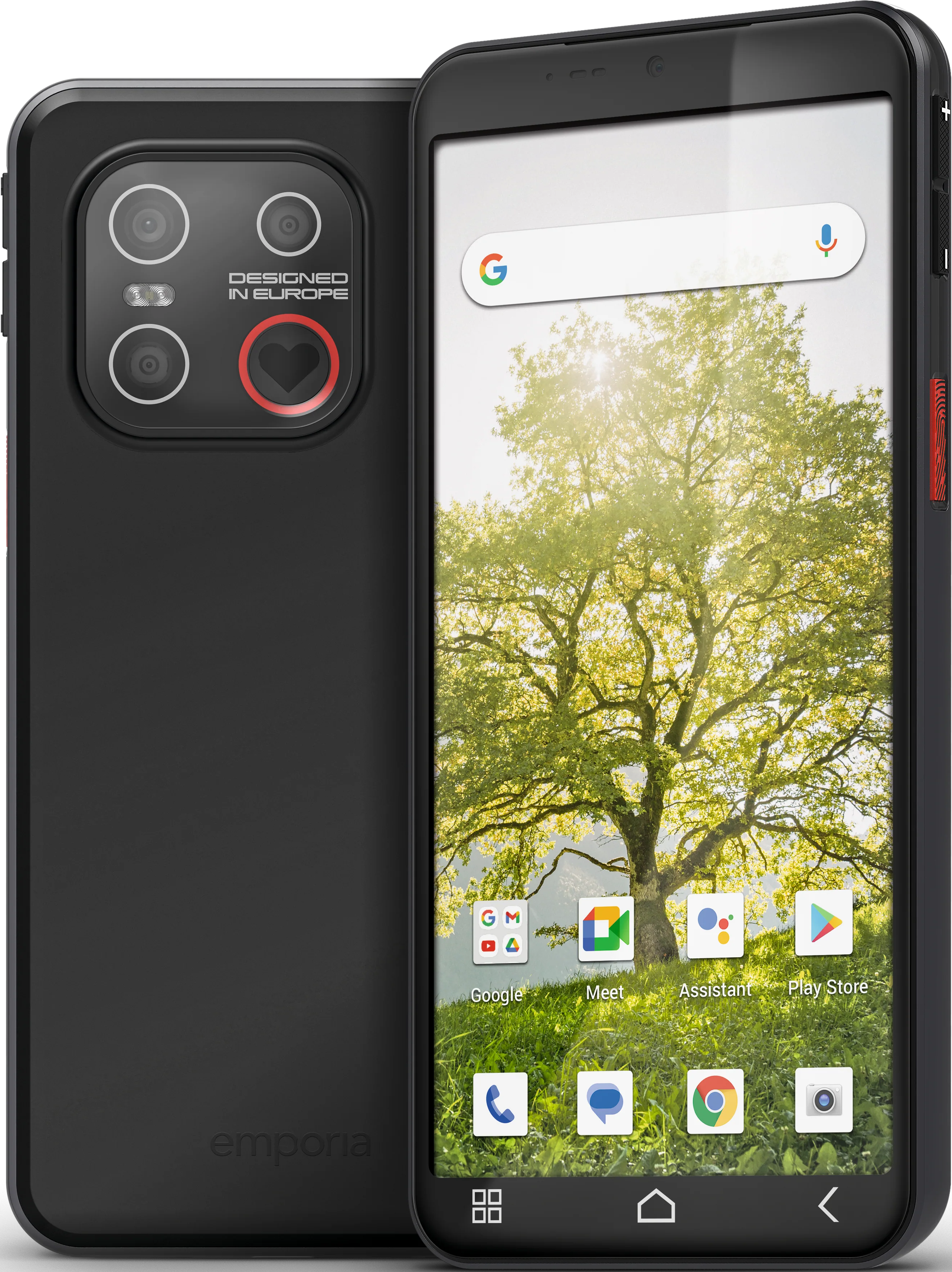Schwarzes Smartphone mit Baum-App-Anzeige. Rückseite mit Kameras und Herzsymbol.