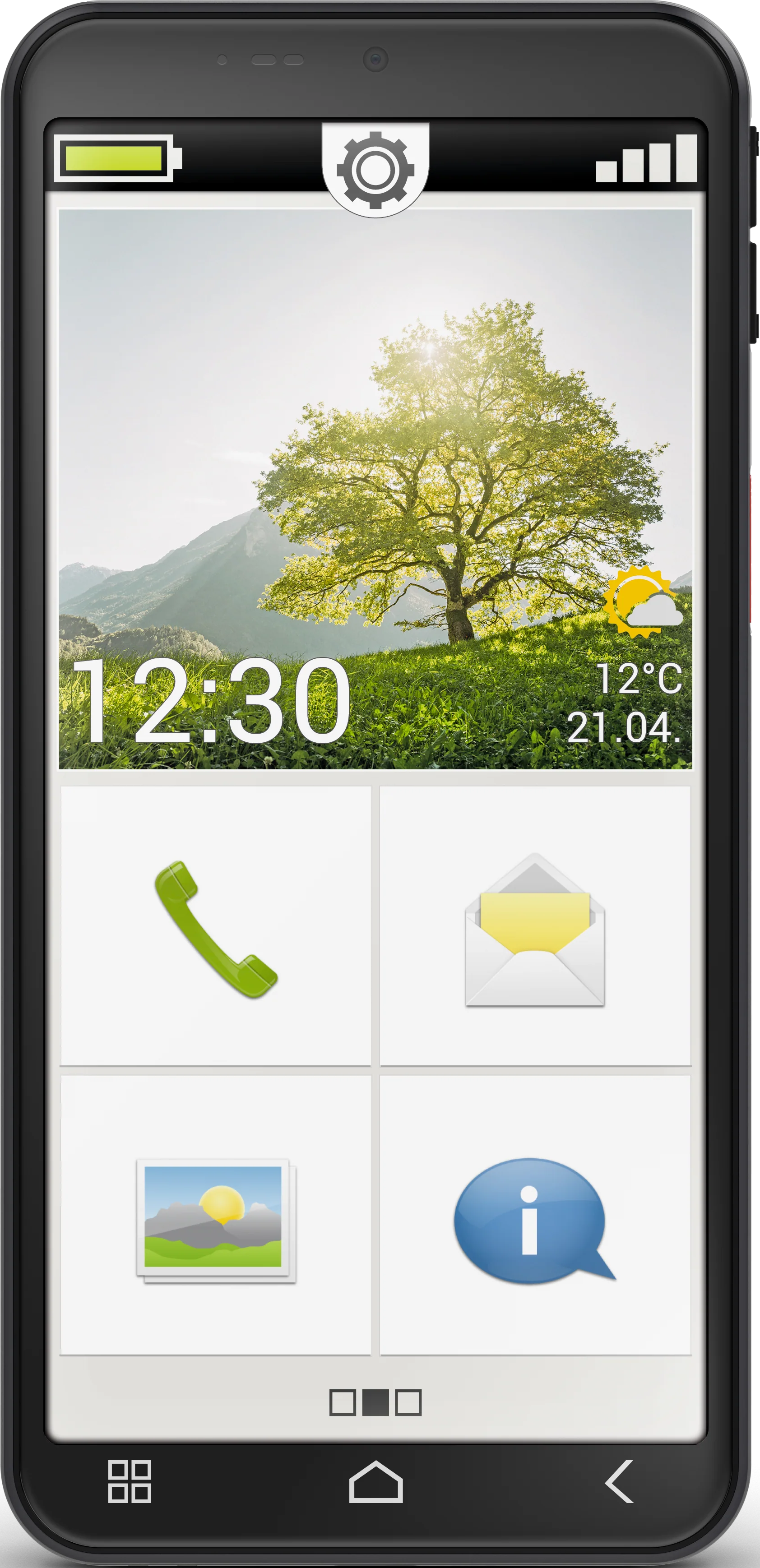 Smartphone-Bildschirm mit Landschaftshintergrund, Uhrzeit, Wetter und Symbolen für Telefon, E-Mail, Galerie und Info.