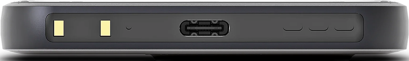 Ein dunkelgraues Gerät mit zwei gelben rechteckigen Anschlüssen, einem USB-Anschluss und drei gebogenen Vertiefungen.