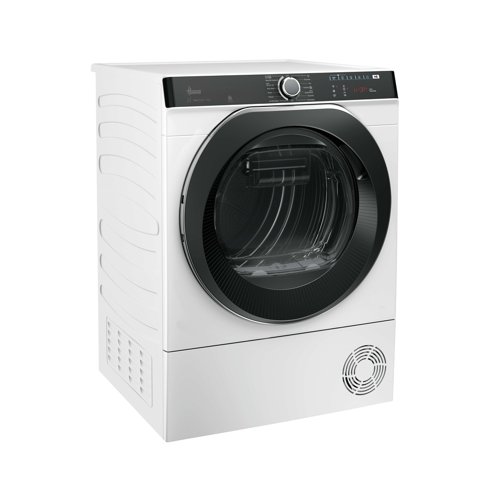 Beyaz bir Hoover kurutucu. Siyah bir kapısı ve kontrol paneli var. Kapı yuvarlak ve panelde düğmeler ve bir ekran var.