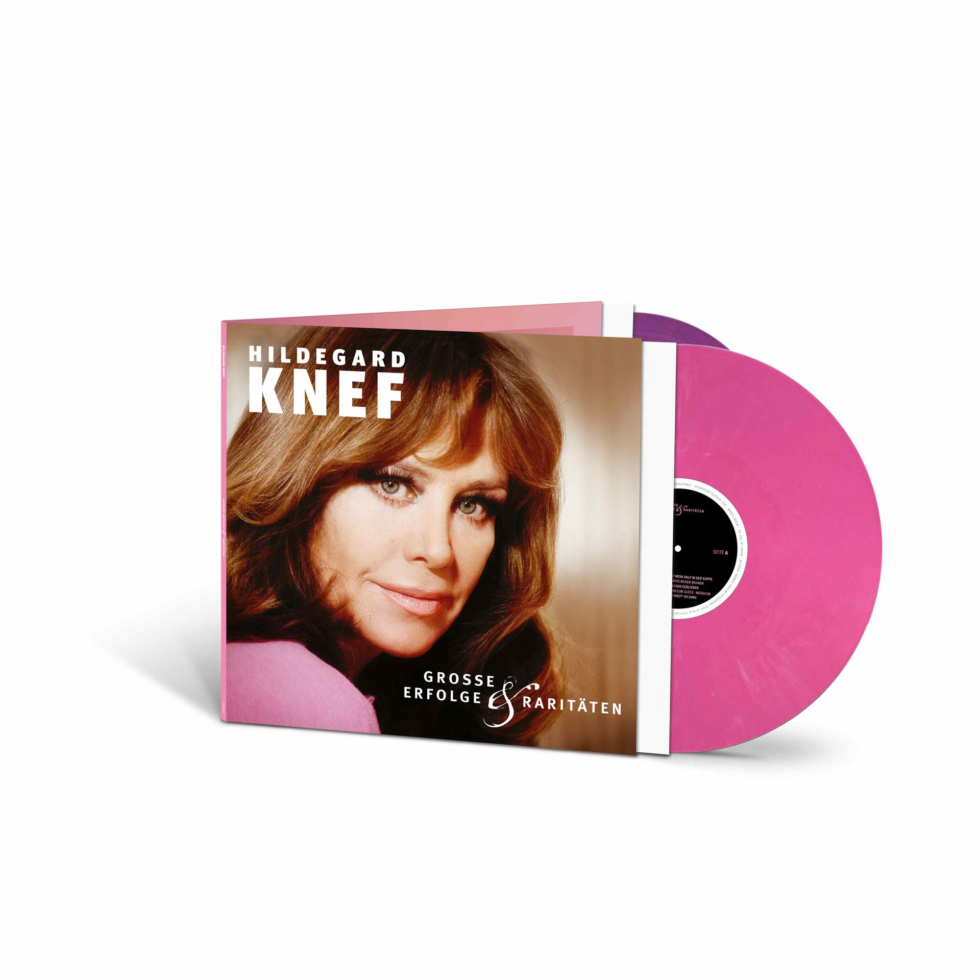 Albumcover von Hildegard Knef, Porträt von ihr, mit rosa Vinylplatte sichtbar. Titel: Grosse Erfolge & Raritäten.