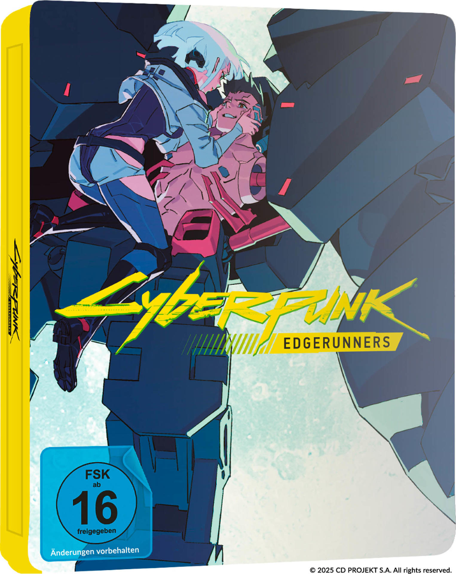 Anime-Cover-Art zeigt zwei sich umarmende Charaktere. Der Titel lautet Cyberpunk Edgerunners. Eine Bewertung von 16 ist vorhanden.