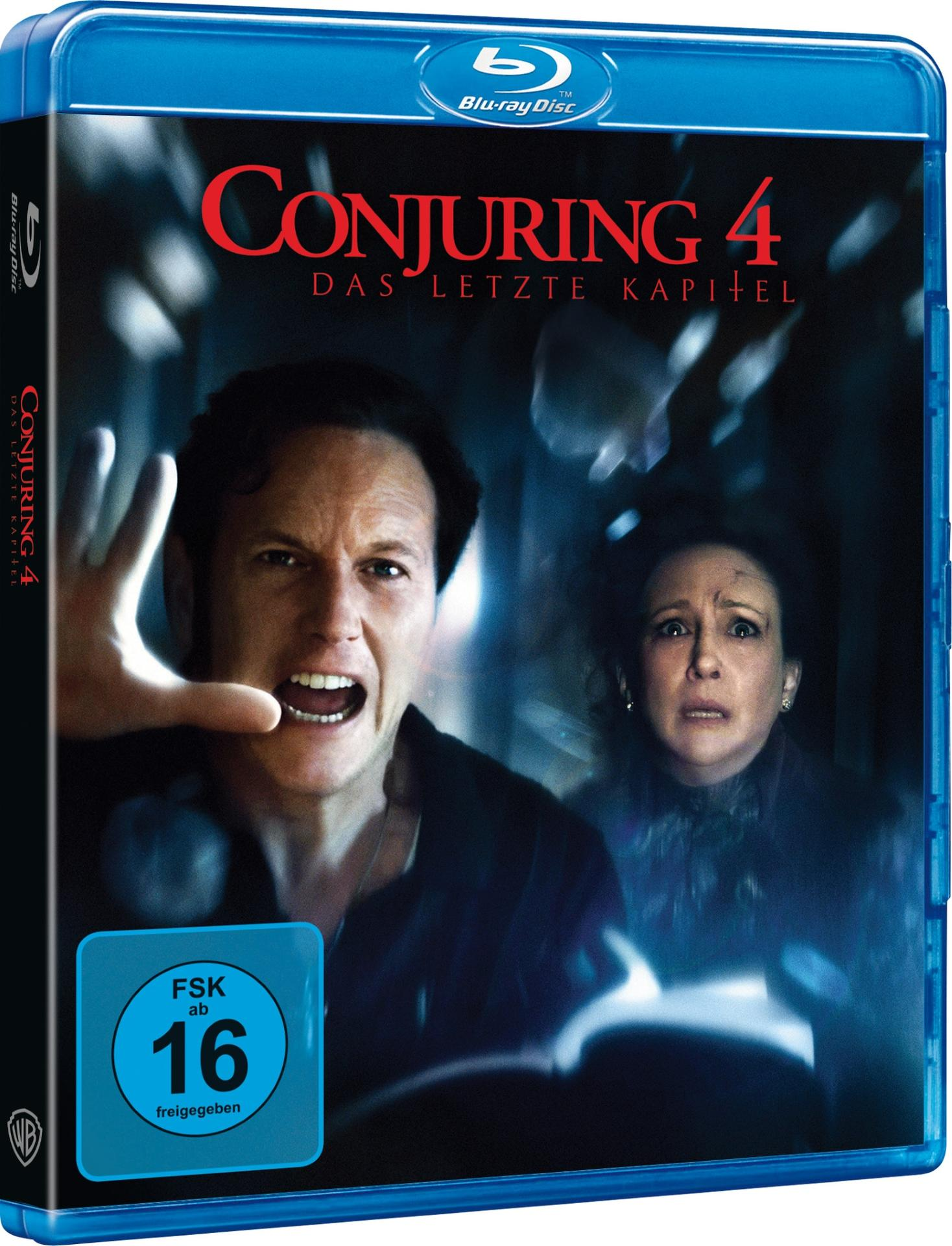 Blu-ray-Cover für Conjuring 4. Ein Mann schreit, die Hand erhoben. Eine Frau sieht entsetzt aus. Roter Text sagt Conjuring 4.