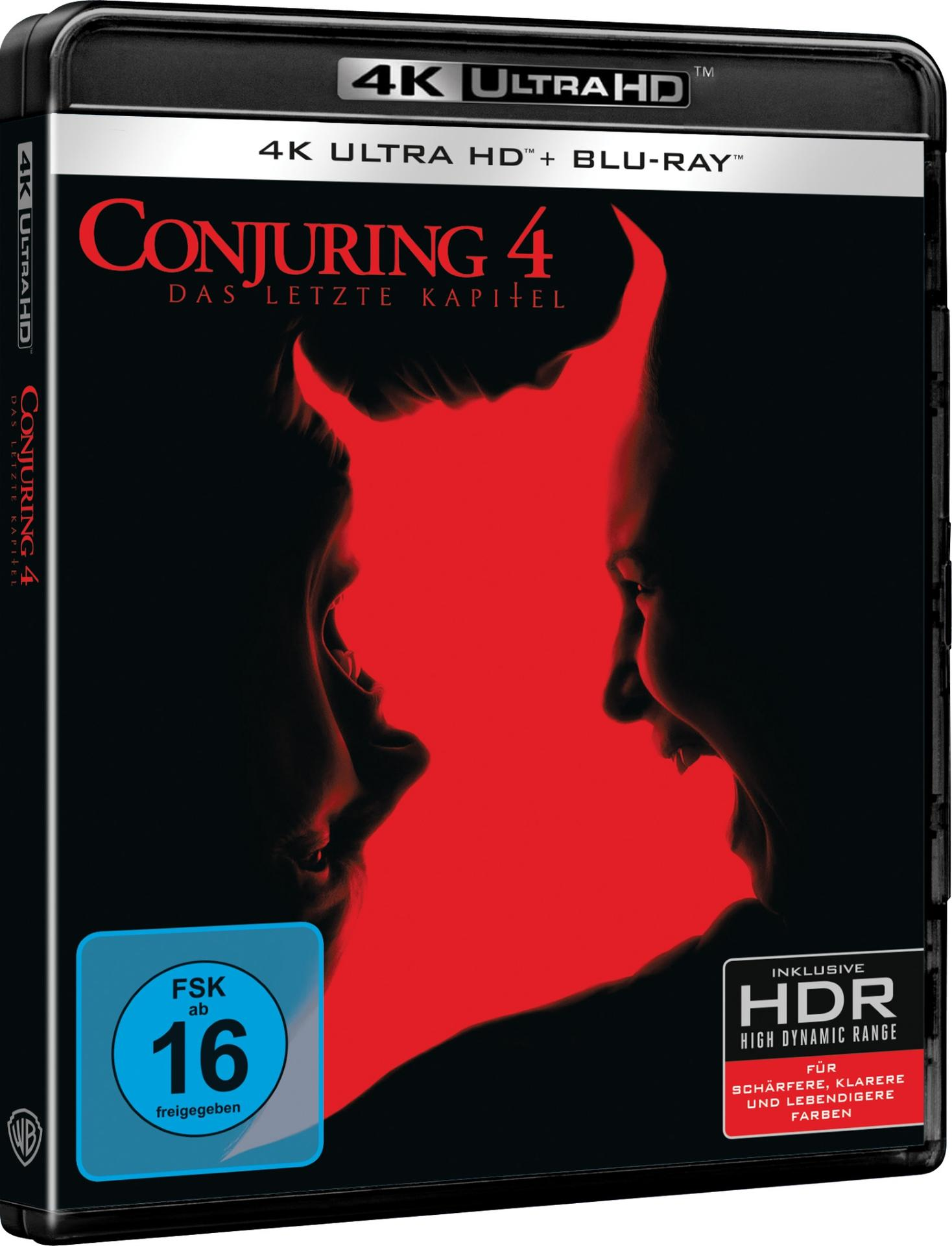 Das Conjuring 4 Blu-ray-Cover. Roter Titel auf schwarzem Hintergrund mit zwei Seitenprofilen einer Person und der Zahl 16.