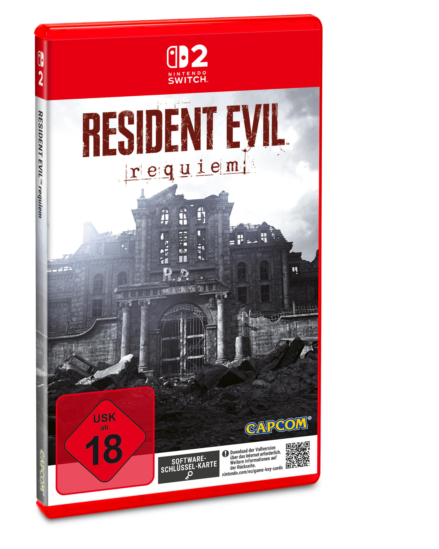 Das Spiel-Case für Resident Evil: Requiem. Im Hintergrund ist ein zerstörtes Gebäude. Das Spiel ist ab 18 Jahren freigegeben. Das Nintendo Switch-Logo befindet sich oben.