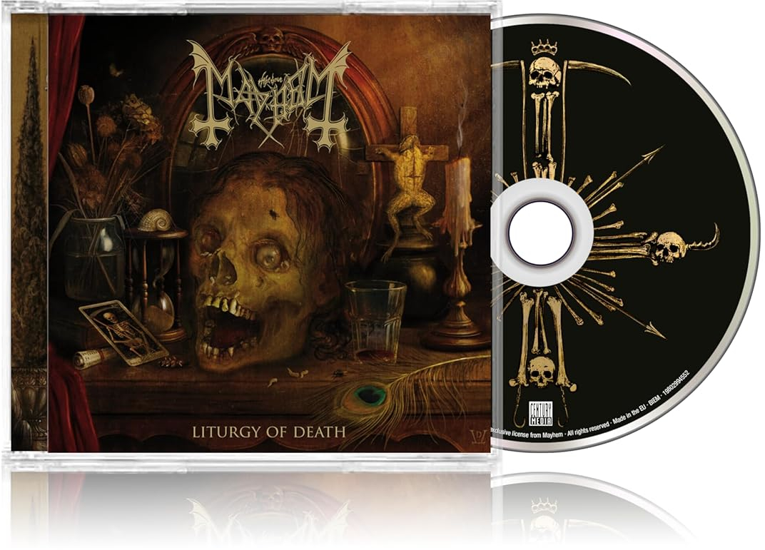 CD-borító. Koponya, kereszt és gyertya. A CD csontokat és koponyákat mutat. A CD tokja a 'Liturgy of Death' feliratot tartalmazza.