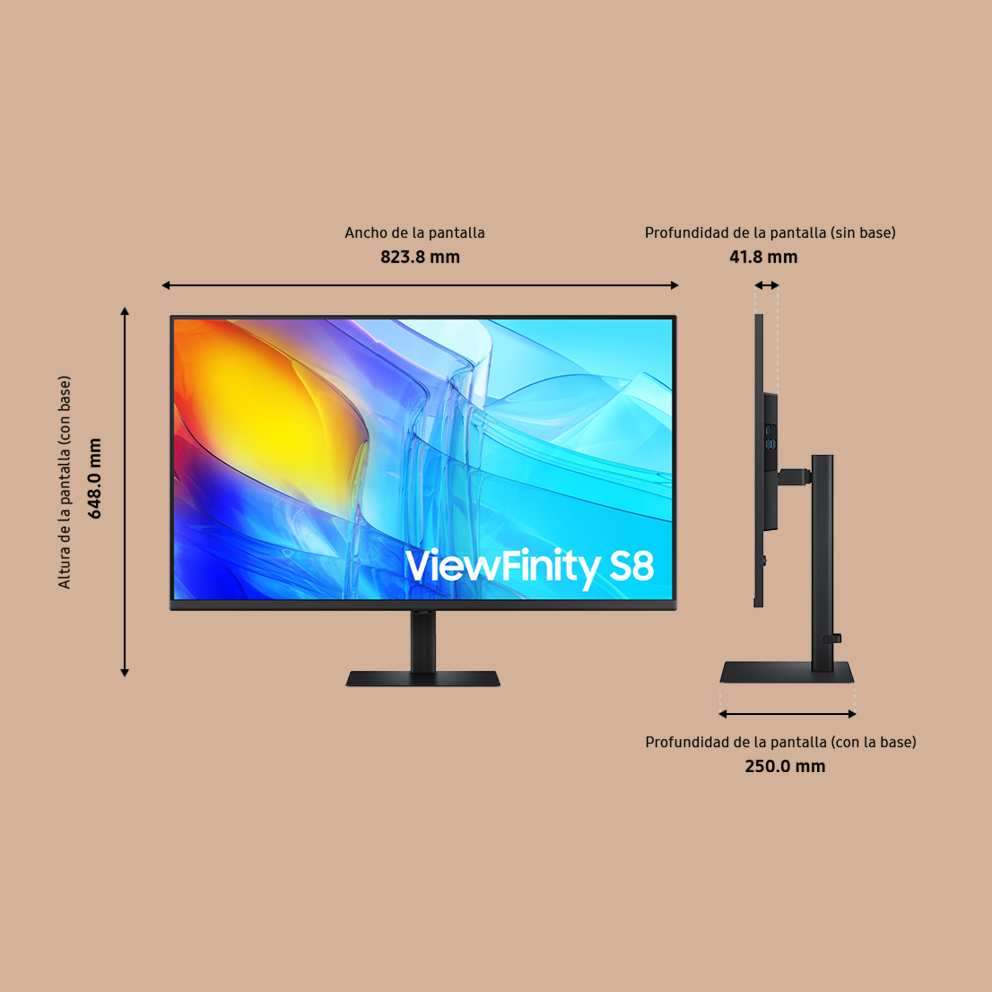 Se muestra un monitor etiquetado ViewFinity S8 con medidas. Es negro con pantalla multicolor. También se muestra el perfil lateral.