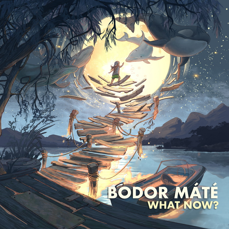 Egy gyerek egy törött hídon fut a hold felé, rajta bálnákkal. Alatta egy csónak lebeg. A cím: 'What Now?'