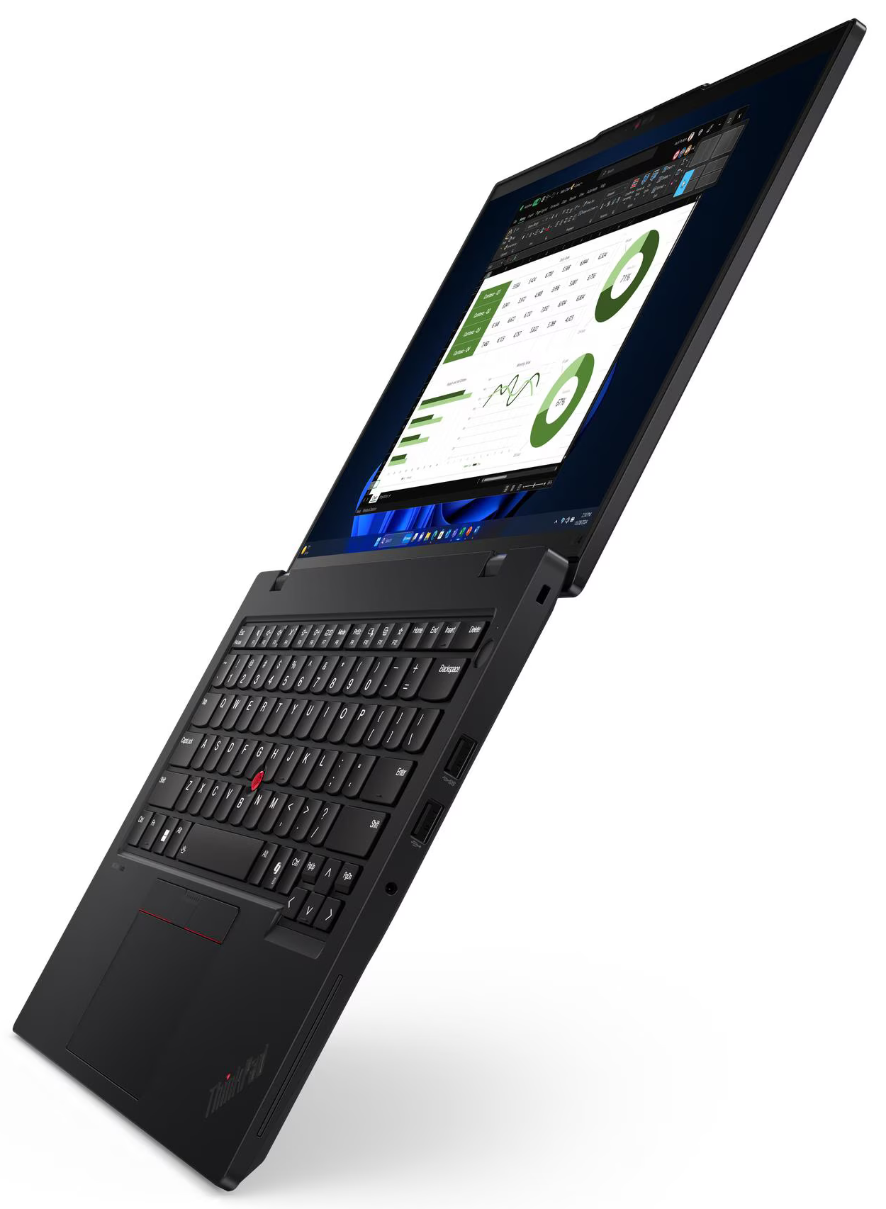 Fekete ThinkPad laptop, nyitott képernyővel, diagramokkal és grafikonokkal. A billentyűzet látható. A háttér fehér.