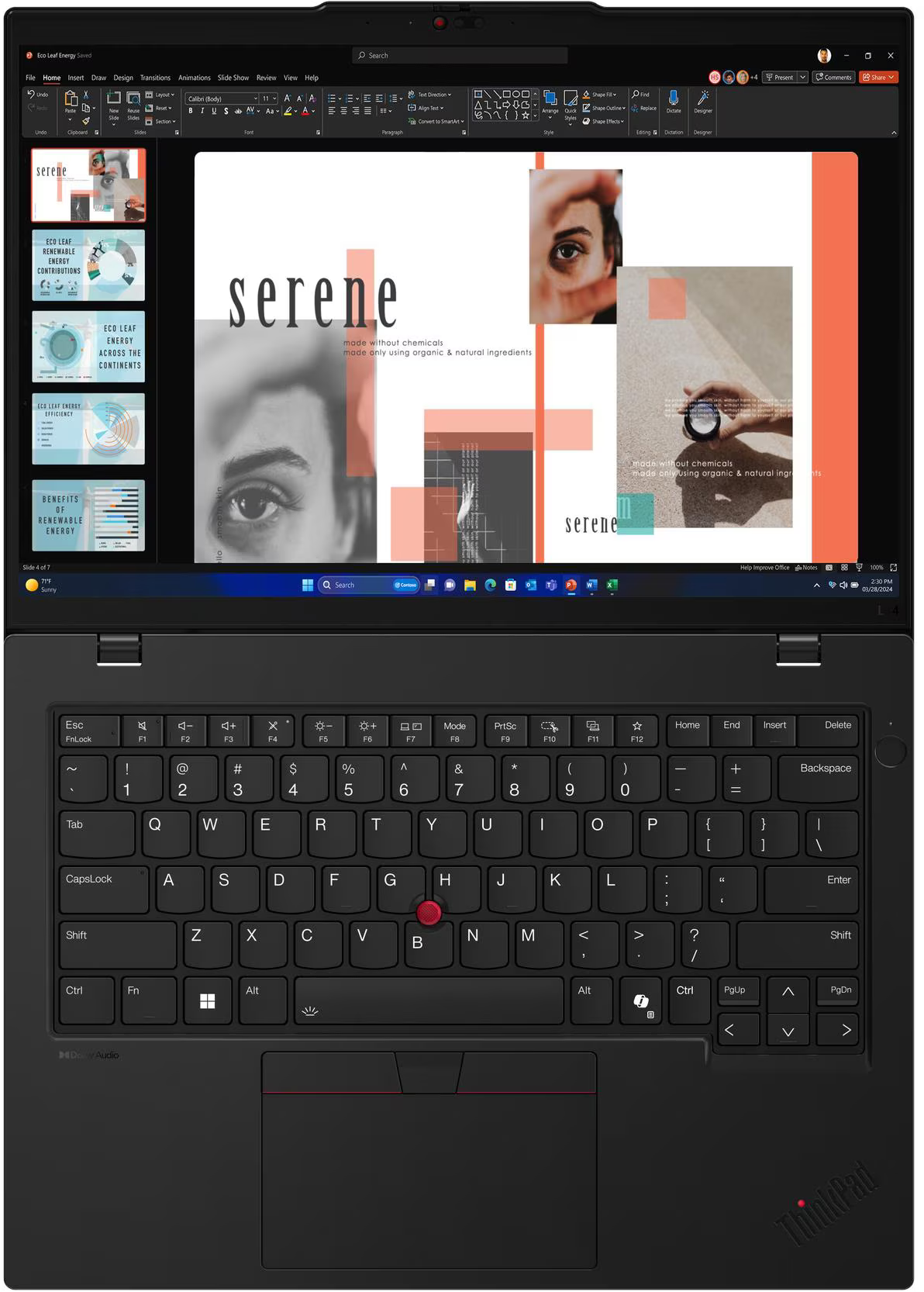 Laptop megújuló energiáról szóló prezentációval, a 'serene' szóval és szemekről, bőrápolási termékekről készült képekkel.