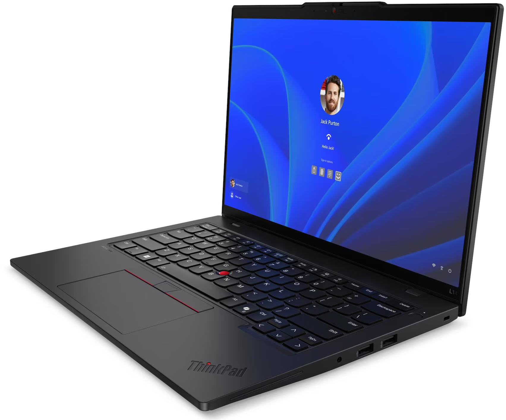 Fekete ThinkPad laptop nyitva, a felhasználó bejelentkezési képernyőjét mutatja. Billentyűzet látható. A képernyő 'Jack Purton' profilját jeleníti meg.