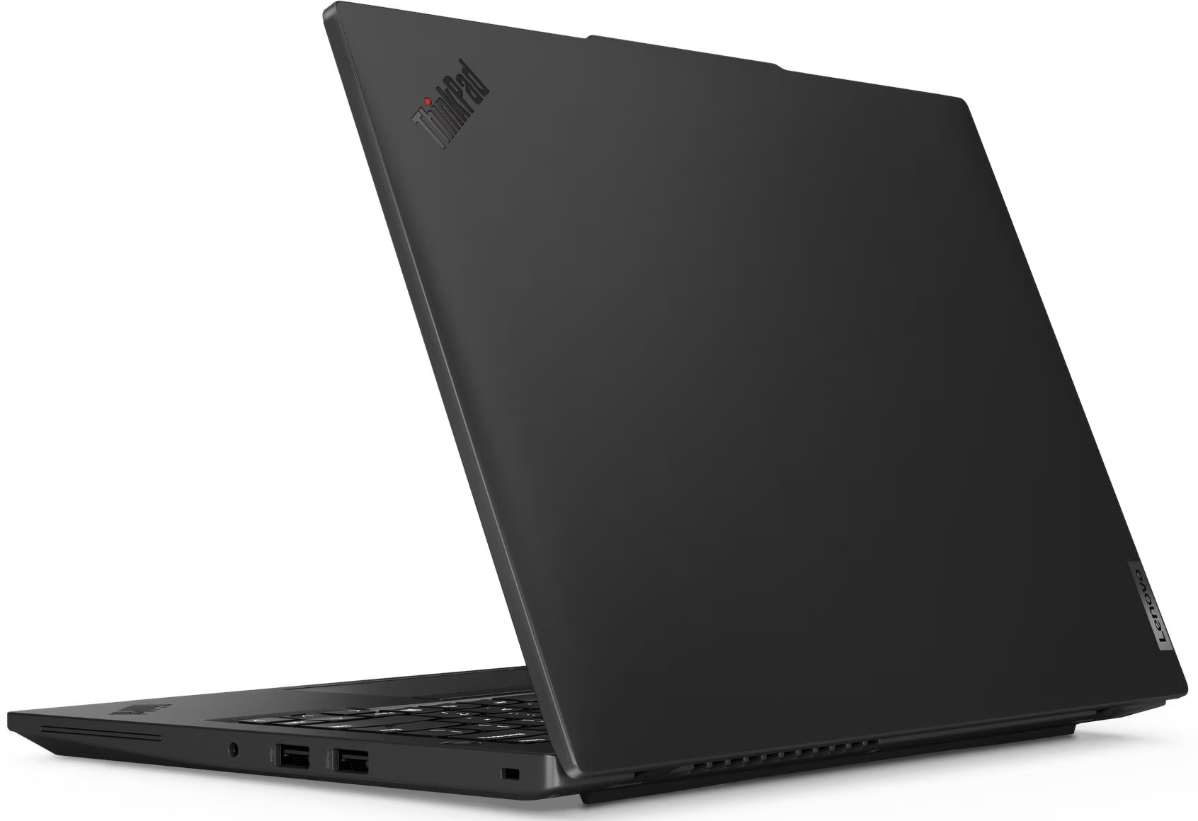 Fekete Lenovo ThinkPad laptop, kissé nyitva. Billentyűzet látható. A ThinkPad logója felül. Lenovo logó az oldalon.