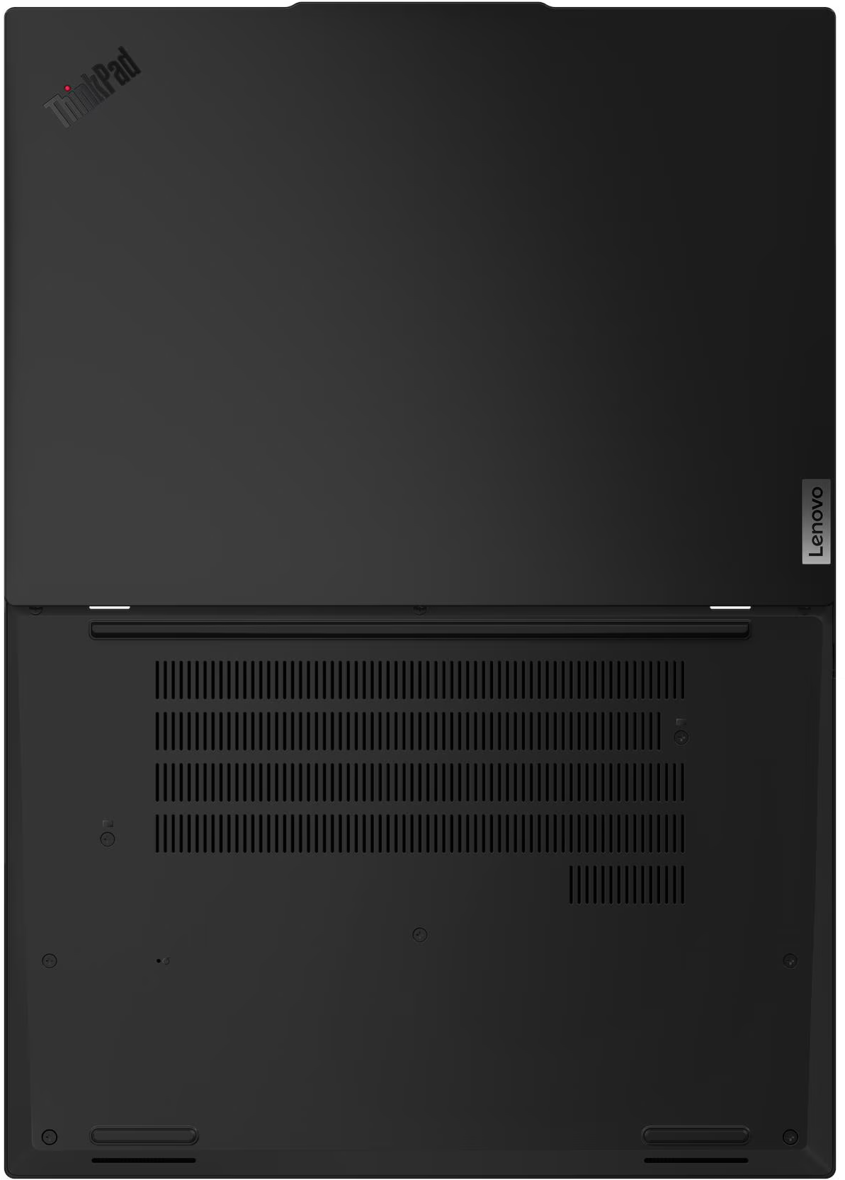 Fekete Lenovo ThinkPad laptop, alulnézet. A fedélen ThinkPad logó látható. Az alján szellőzők és a Lenovo logó.