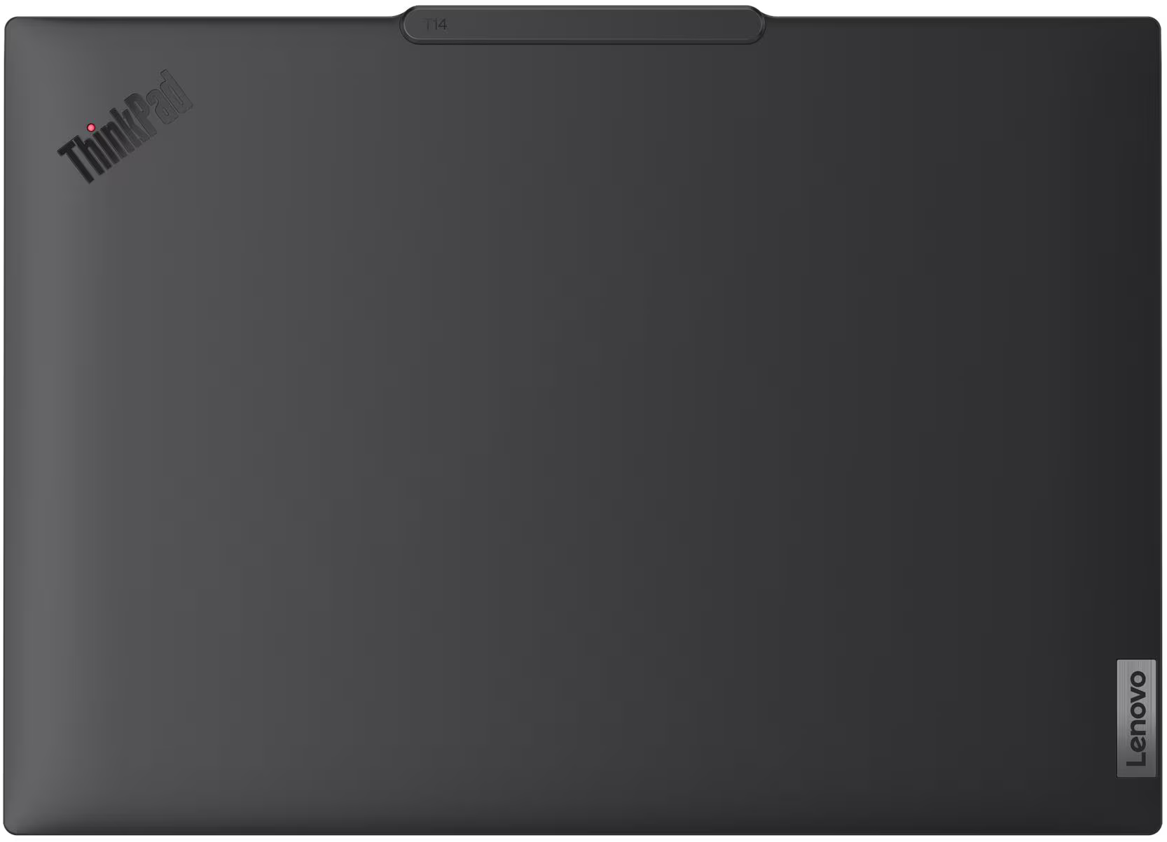 Sötétszürke laptop fedél. ThinkPad logó bal felső sarokban, Lenovo jobb oldalon. T14 felirat felül.