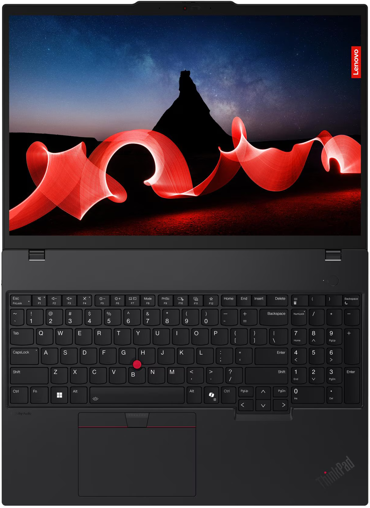 Laptop piros fénysávokkal a képernyőn, Lenovo logó. Fekete billentyűzet ThinkPad logóval.