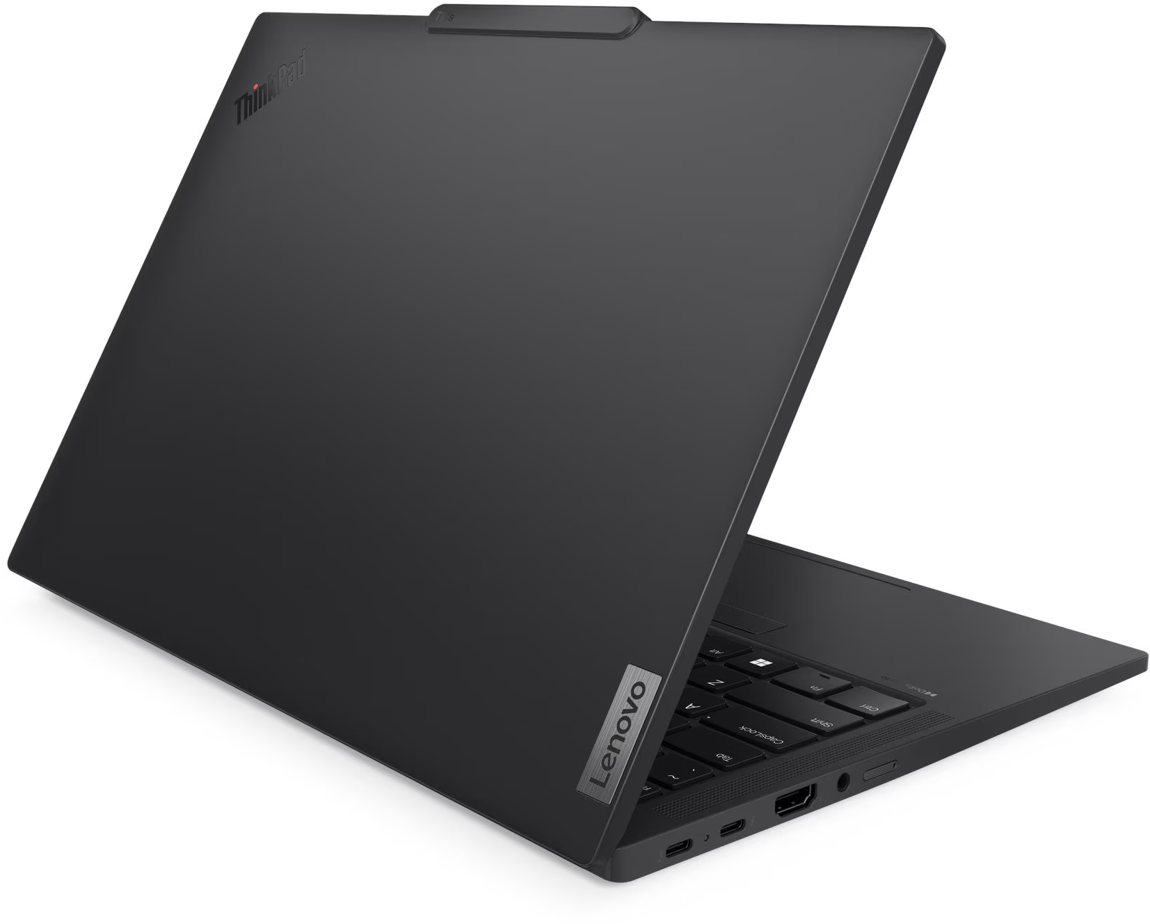 Fekete Lenovo ThinkPad laptop, kissé nyitott, látható a billentyűzet. Lenovo logó látható. Fehér háttér.