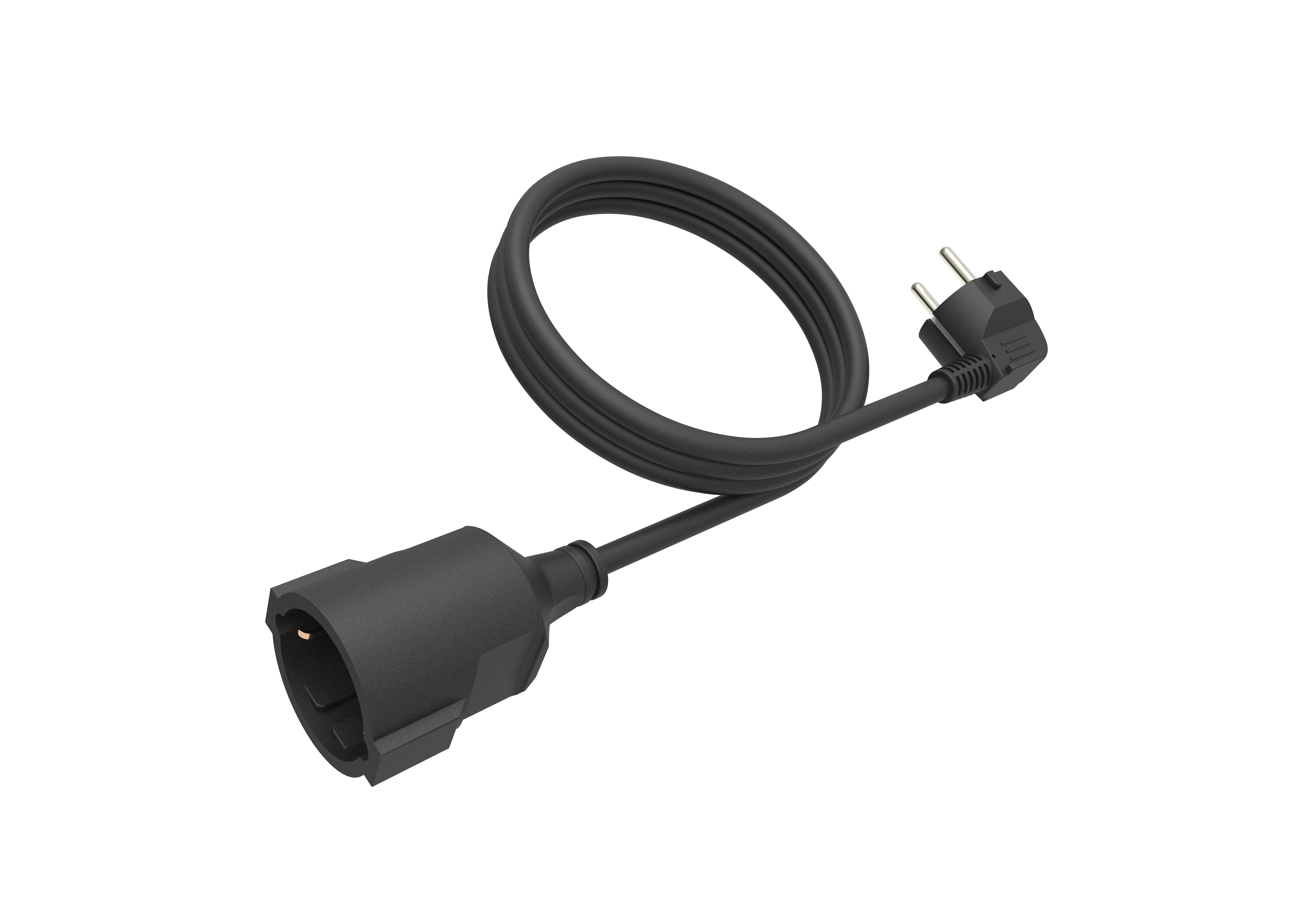 Ein schwarzes Verlängerungskabel mit Stecker und Steckdose. Das Kabel ist vor weißem Hintergrund aufgerollt.
