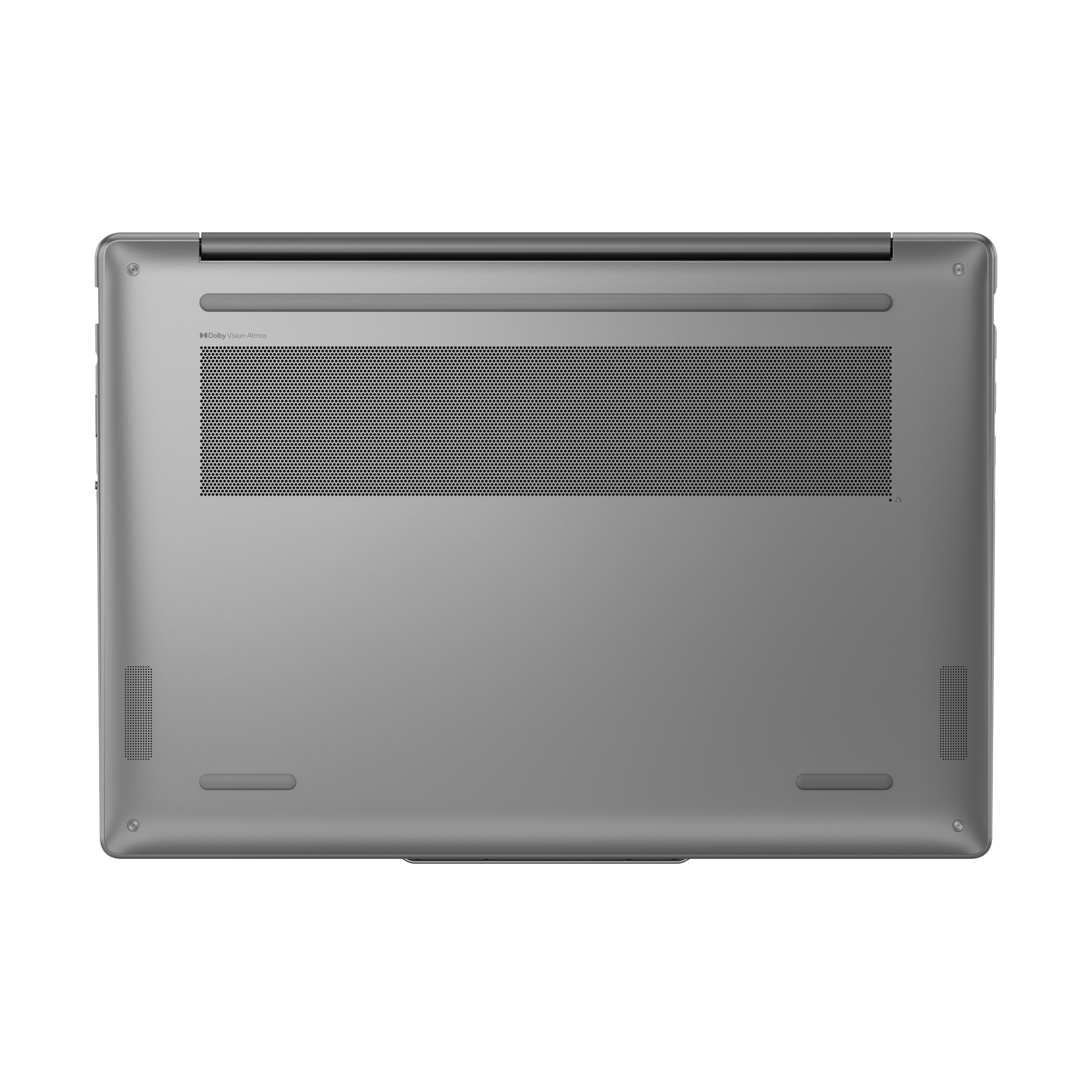 Unteransicht eines silbernen Laptops. Merkmale sind ein großer Belüftungsbereich, Lautsprecher und Dolby Vision-Atmos.