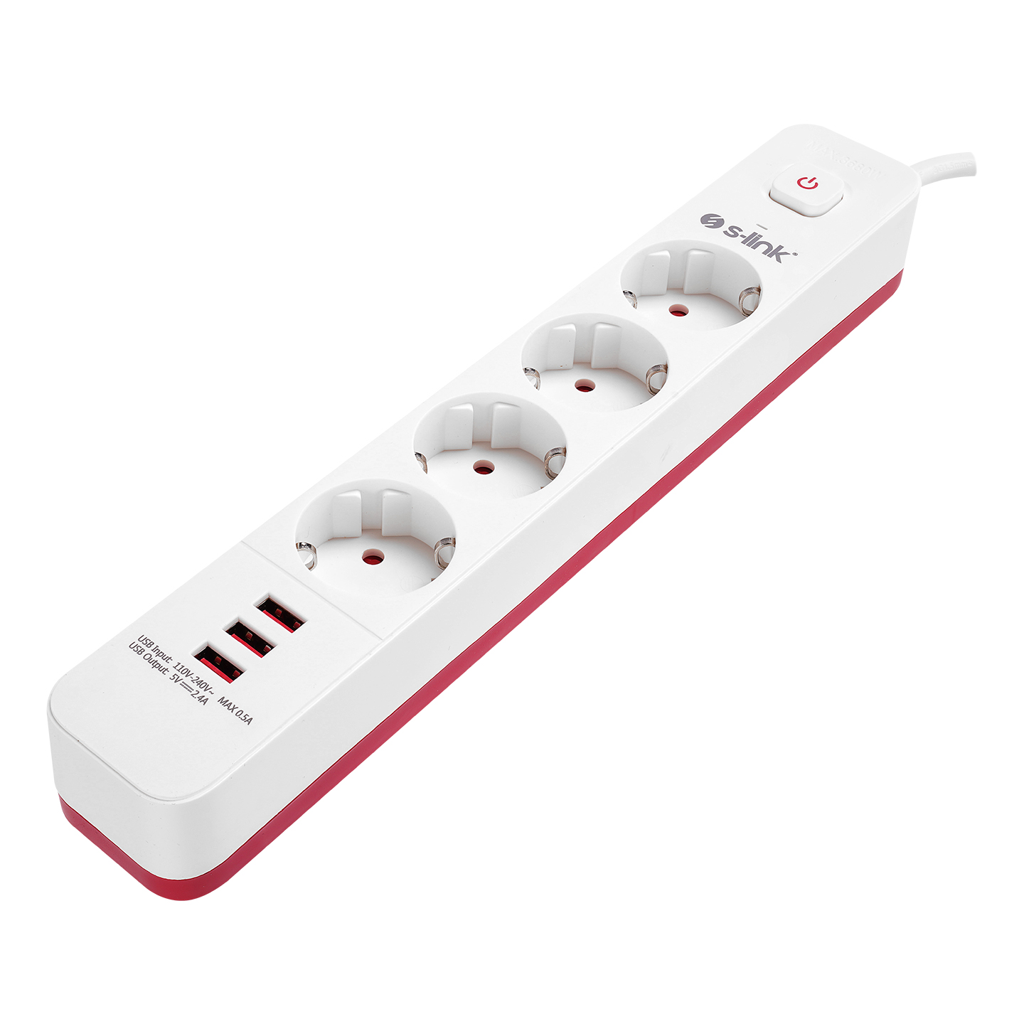 Üç priz, üç USB portu ve bir güç düğmesi olan beyaz ve kırmızı bir uzatma kablosu. Marka adı s-link.