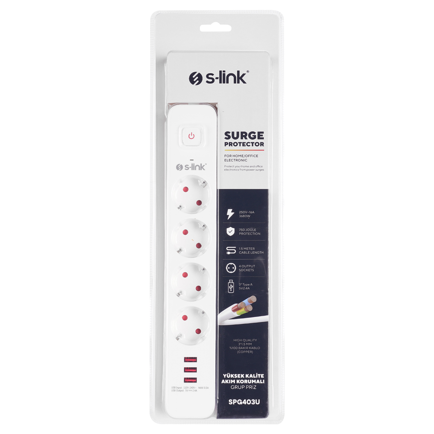 4 soketli, USB portlu ve güç düğmeli beyaz dalgalanma koruyucu. Paket, ürün bilgilerini ve S-link markasını gösteriyor.