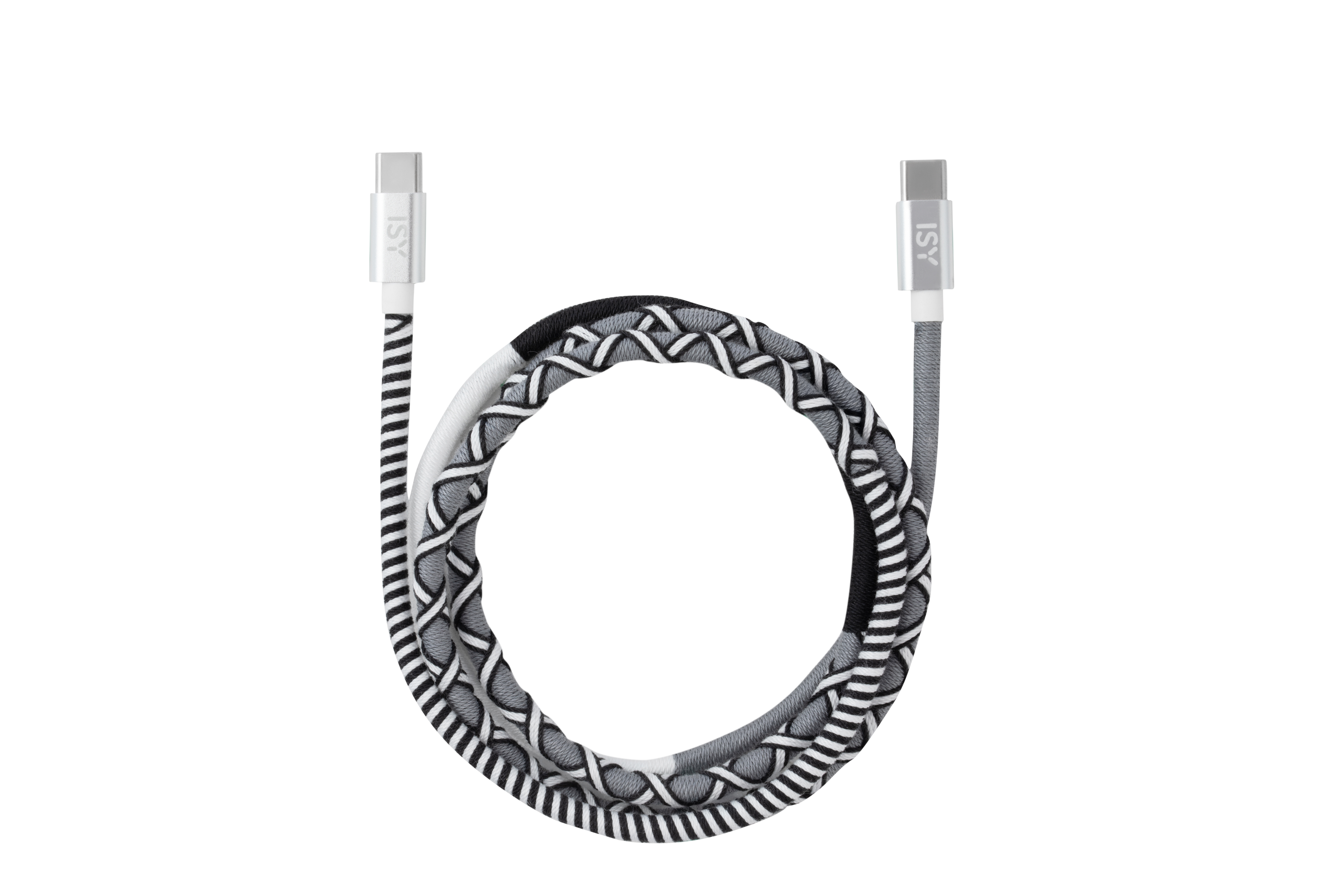Un câble USB-C tressé en noir, blanc et gris. Le câble est enroulé, avec des connecteurs argentés à chaque extrémité.
