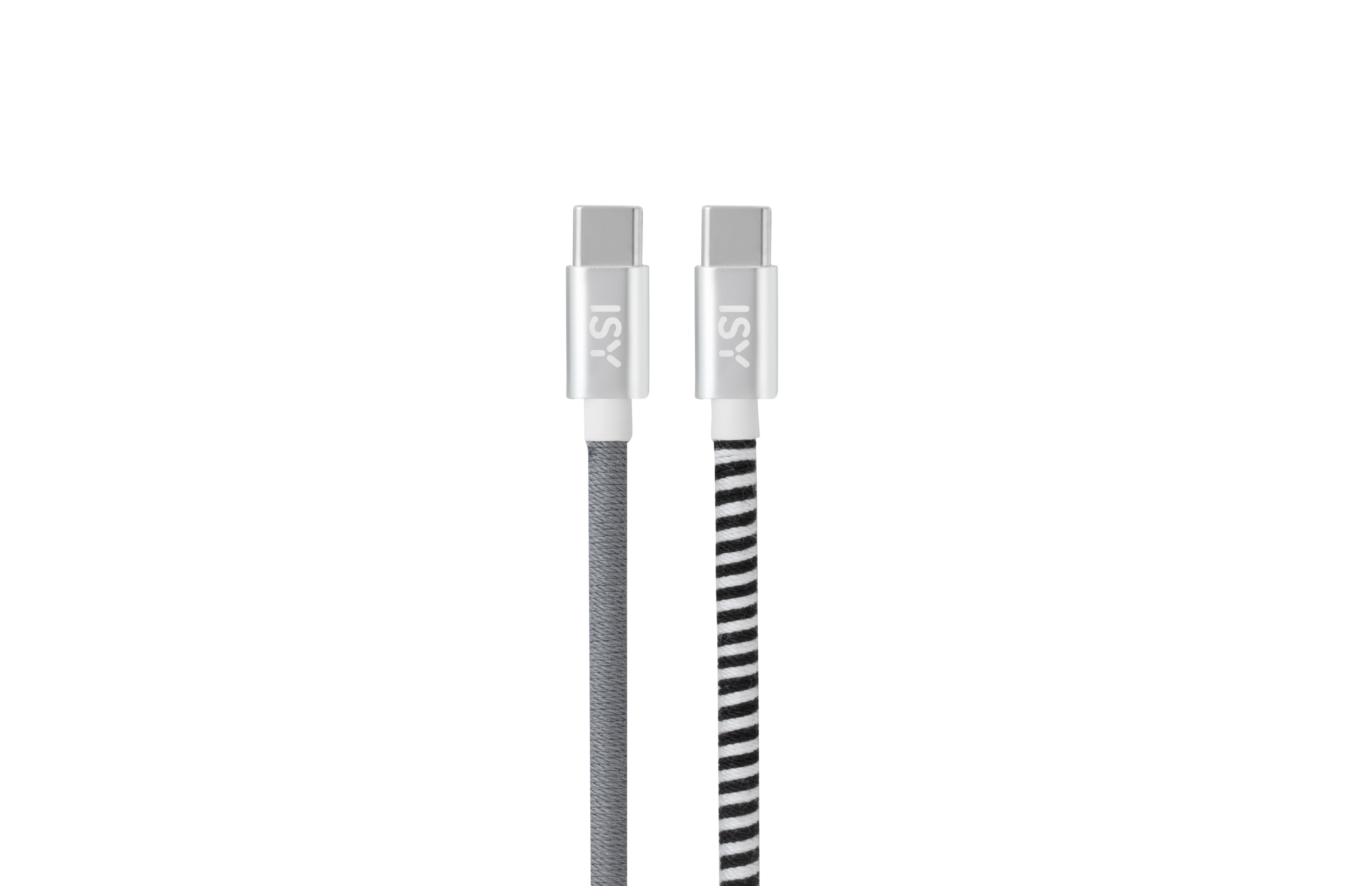 Deux câbles ISY USB-C sur fond blanc. L'un est gris, l'autre à rayures noires et blanches.