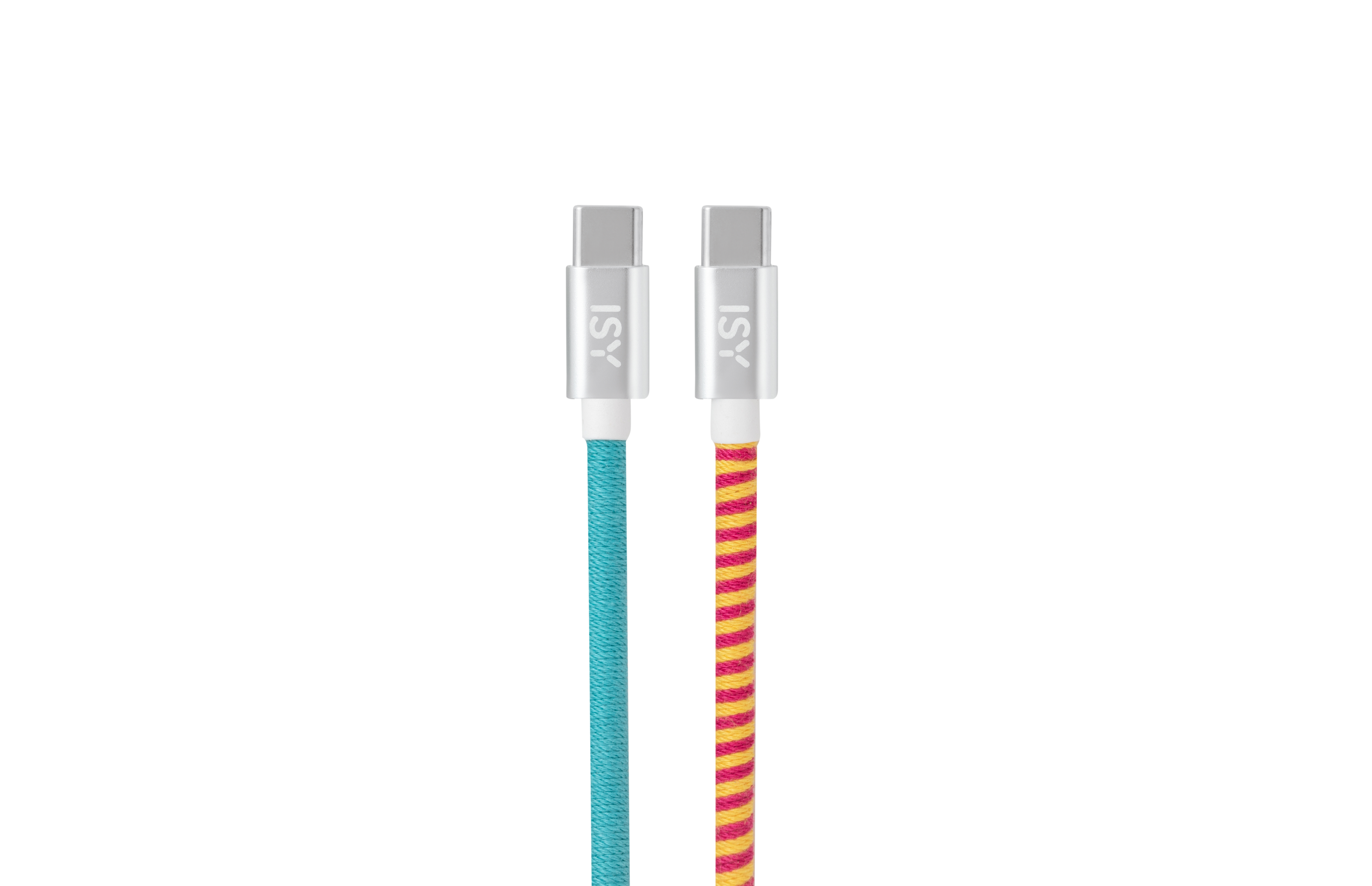 Zwei silberne USB-C-Kabel, eines türkis, das andere gelb und rosa gestreift, vor weißem Hintergrund.