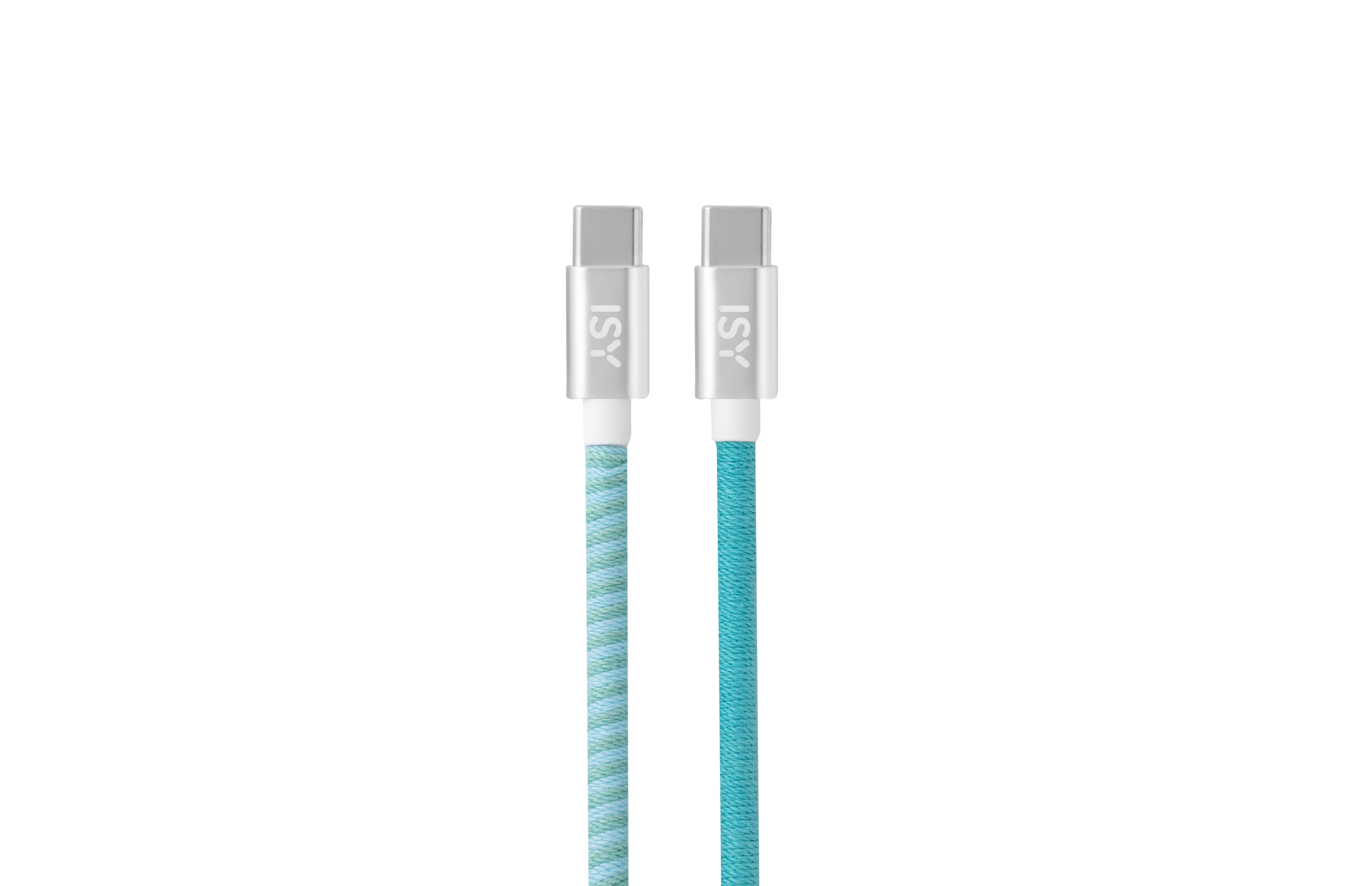 Zwei USB-C-Kabel, silberne Stecker mit ISY-Marke, blau und türkis geflochtene Kabel vor weißem Hintergrund.