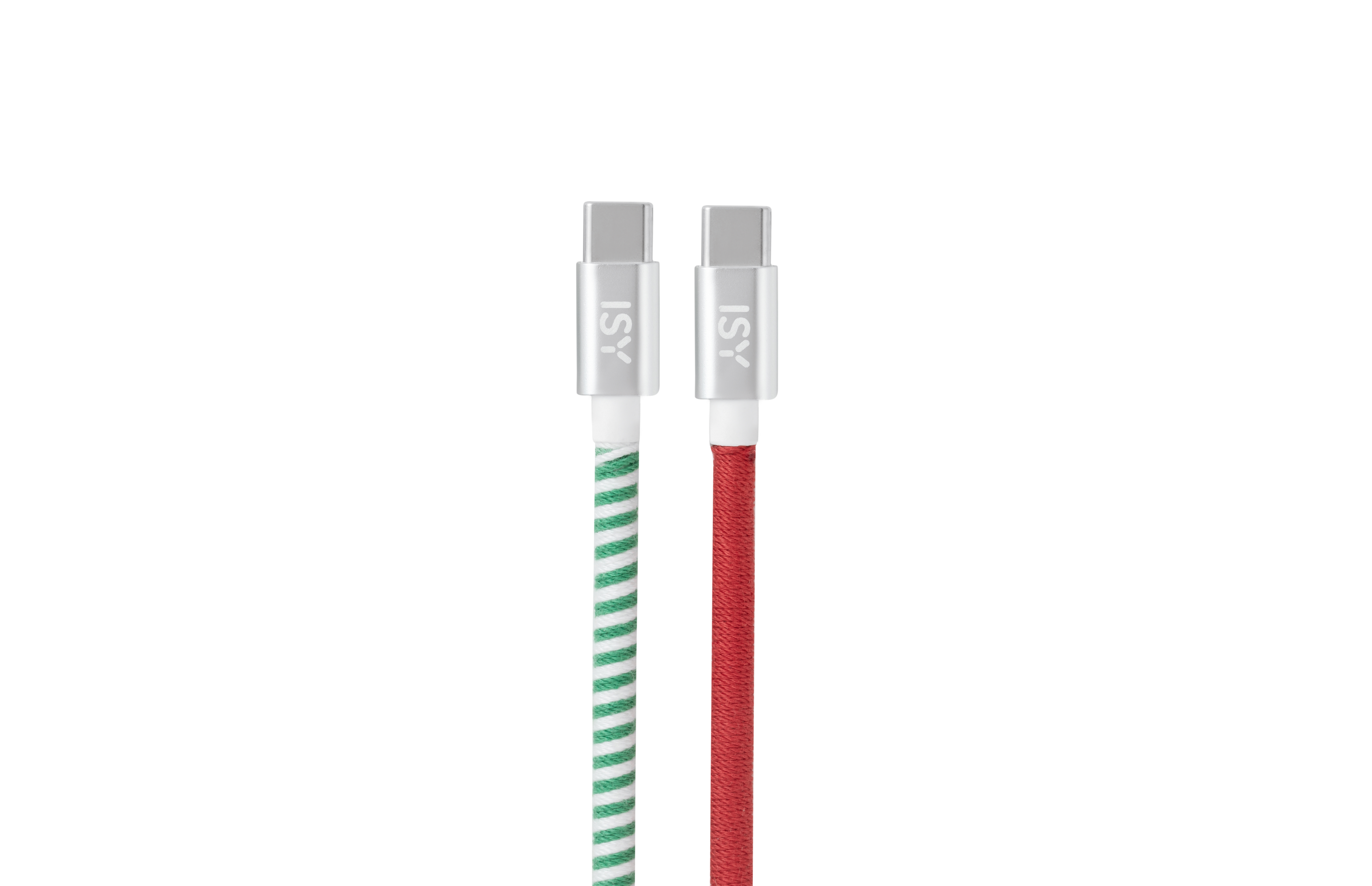 Zwei USB-C-Kabel, eines grün-weiß gestreift, das andere rot, beide mit silbernen Steckern und dem ISY-Logo.