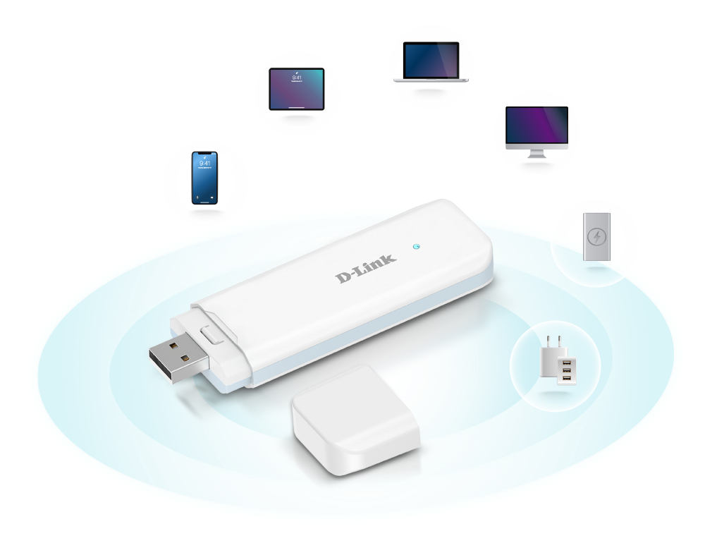 Ein weißer D-Link USB-WLAN-Adapter mit Kappe. Umgeben von Illustrationen eines Telefons, Tablets, Laptops und Monitors.